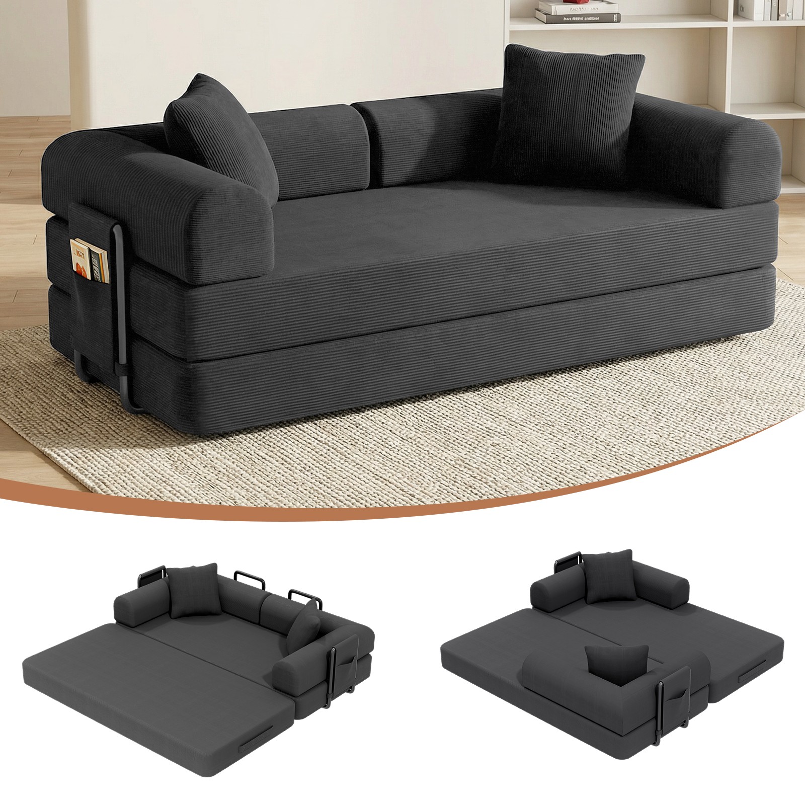 3 in 1 Sofa Bed, 80″ Convertible Pull Out Couch, Corduroy Loveseat Sleeper Sofa
