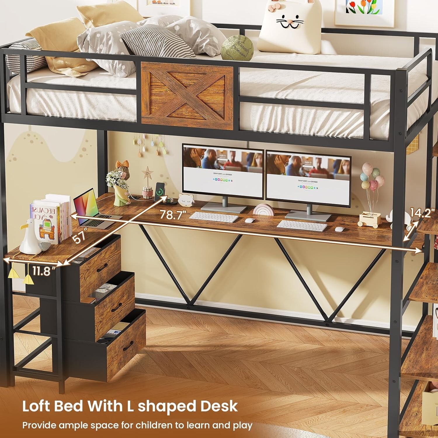 Stairway Twin Size Loft Bed with L Shaped Desk & Wardrobe, Metal Loft Bed Frame