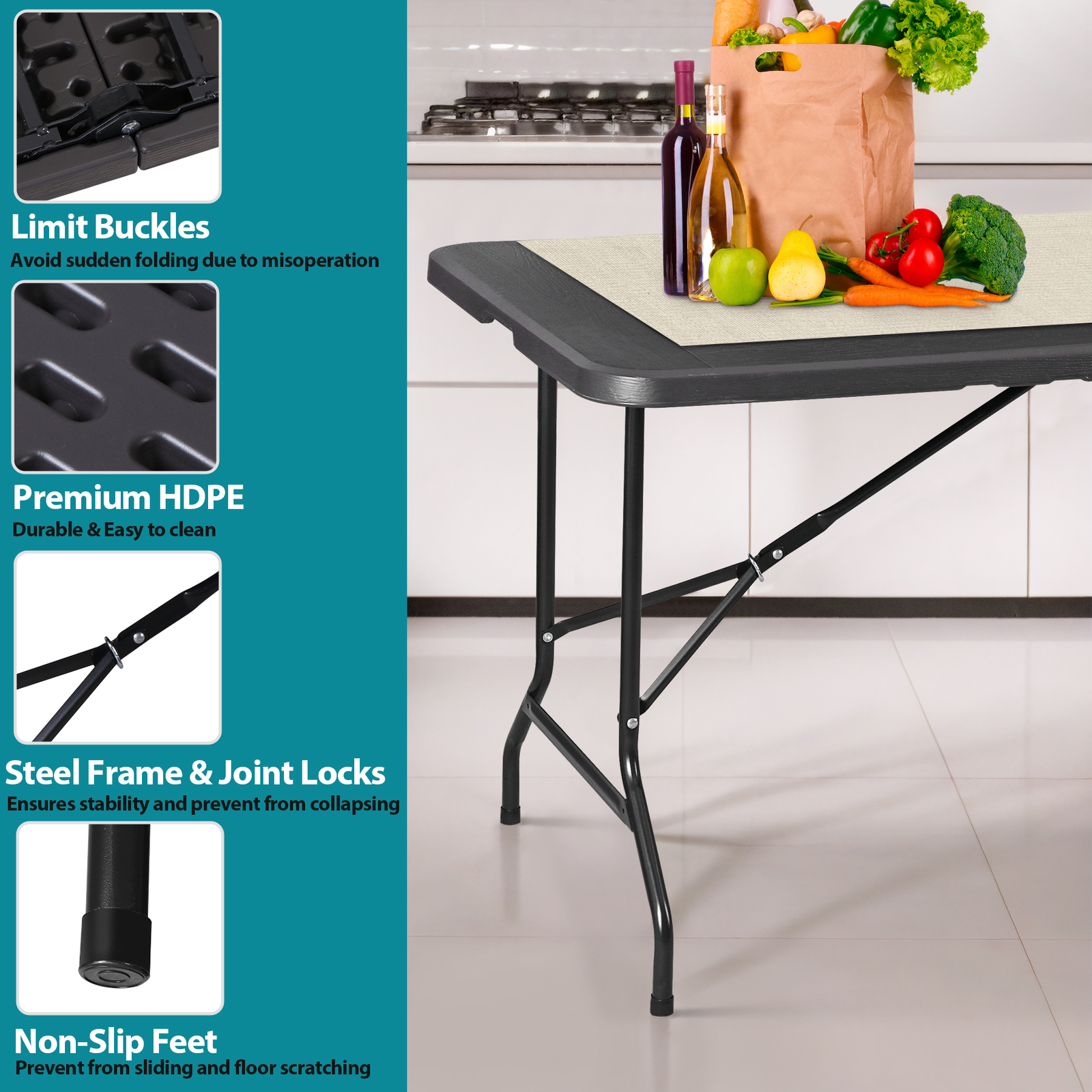 6Ft Folding Table Black Plastic Camping Picnic Table for Garden Backyard Kitchen