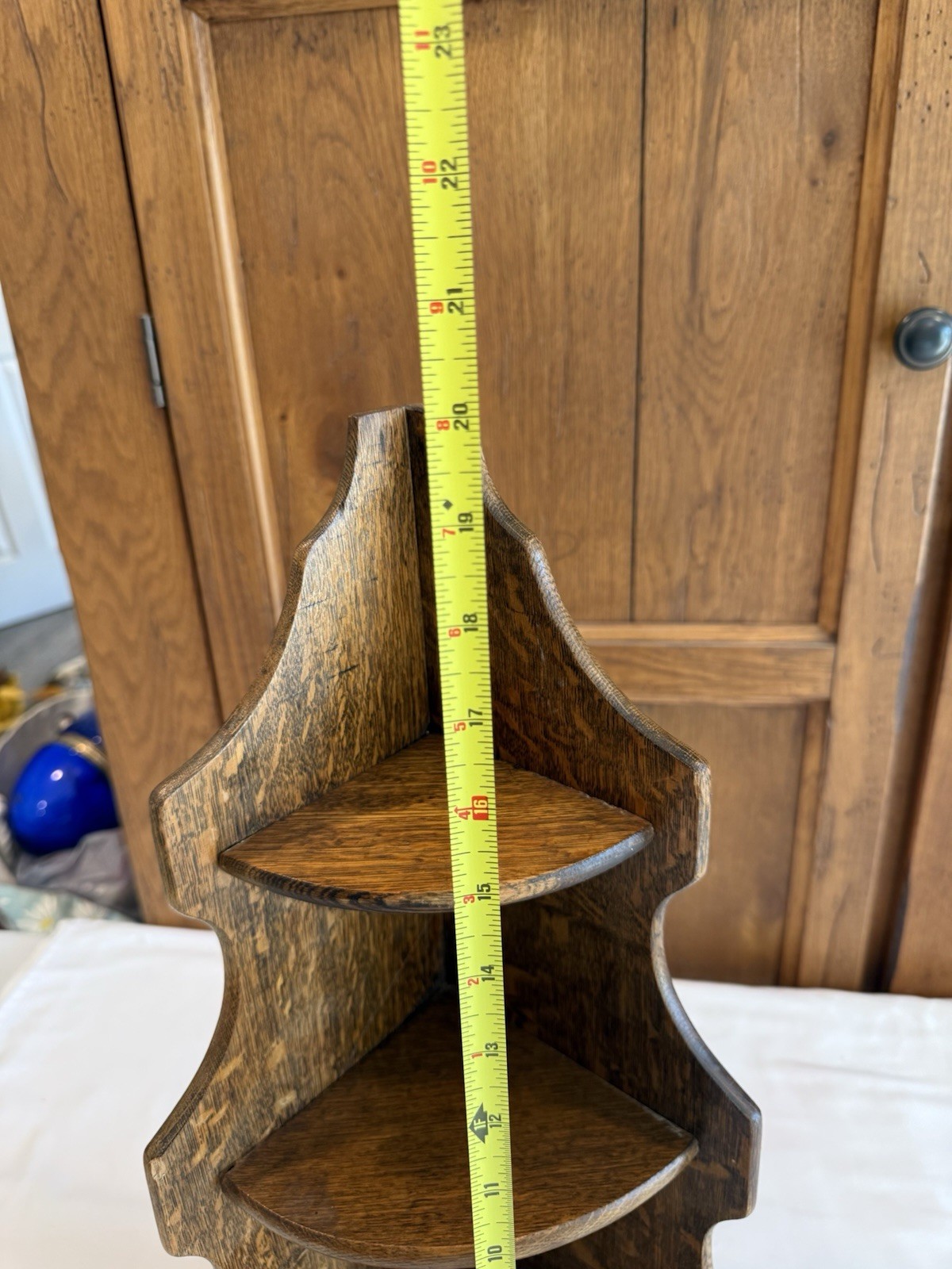 Vintage French Oak Corner Shelf 3 Tiers 20” Tall Cottagecore Farmhouse Decor