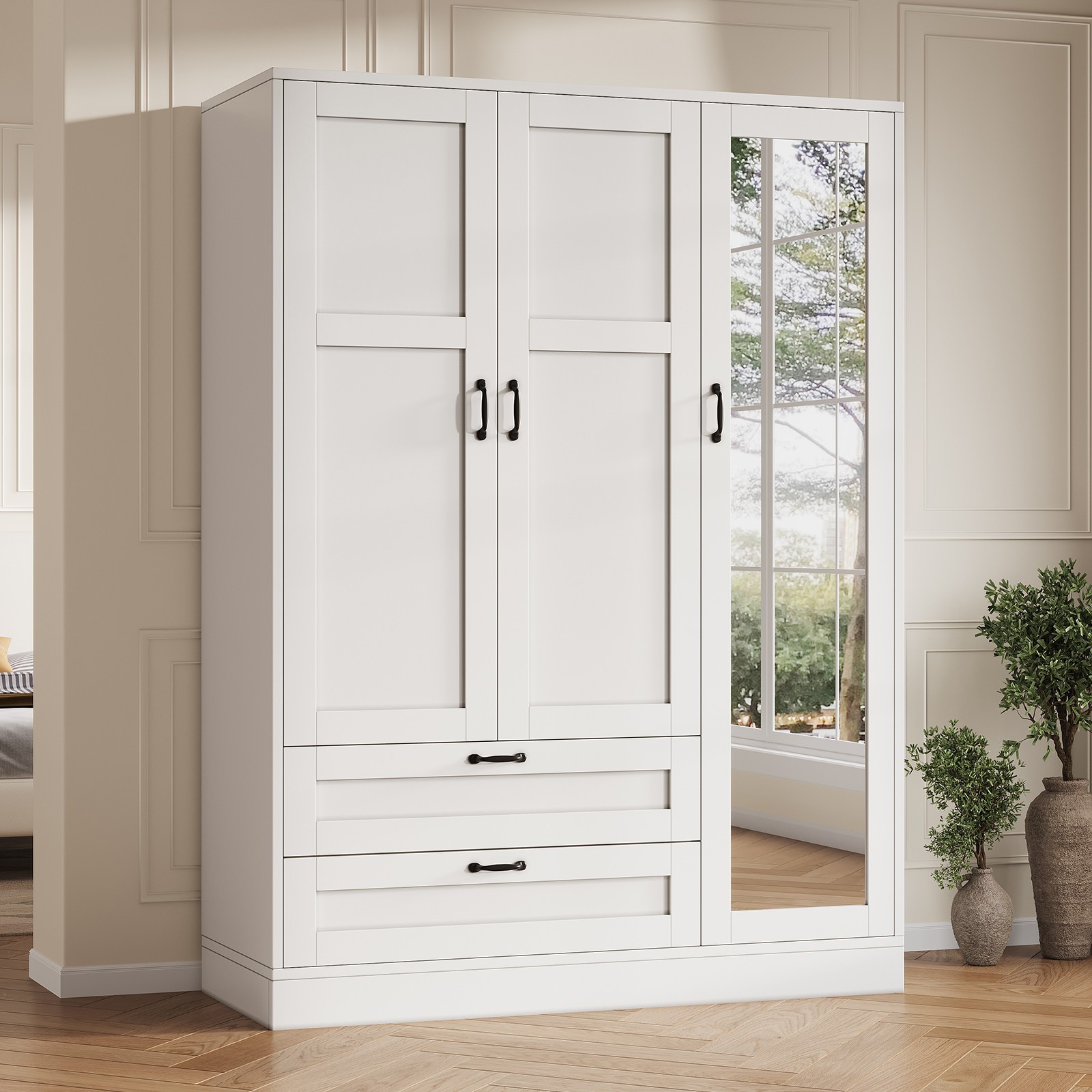 Narrow Armoire Wardrobe Closet with Mirror Hanging Rod 2 Drawers Storage