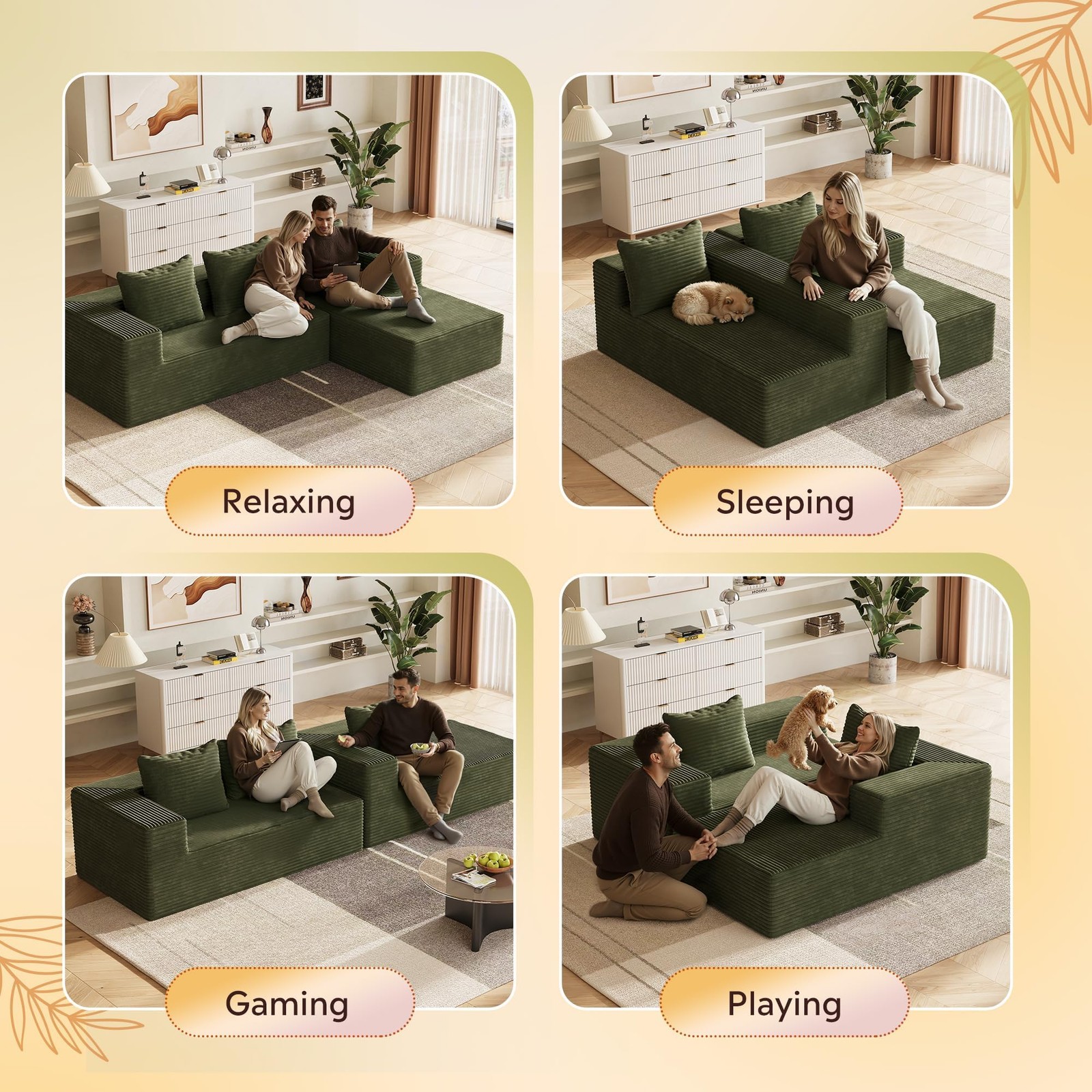 104” Modular Cloud Couch Left Facing Chaise L Shape Memory Foam Corduroy Green