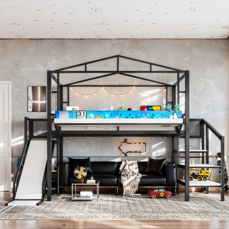 Full Size Metal Loft Bed Frame with Stairs,Built-in Wardrobe,Slide & LED Lights