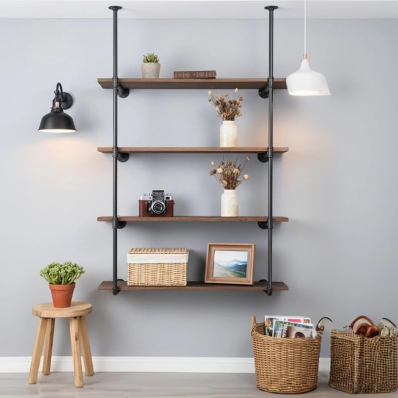 Industrial Pipe Shelving System with 4 Tiers, Black Iron Wall Mount, Floor to Ce