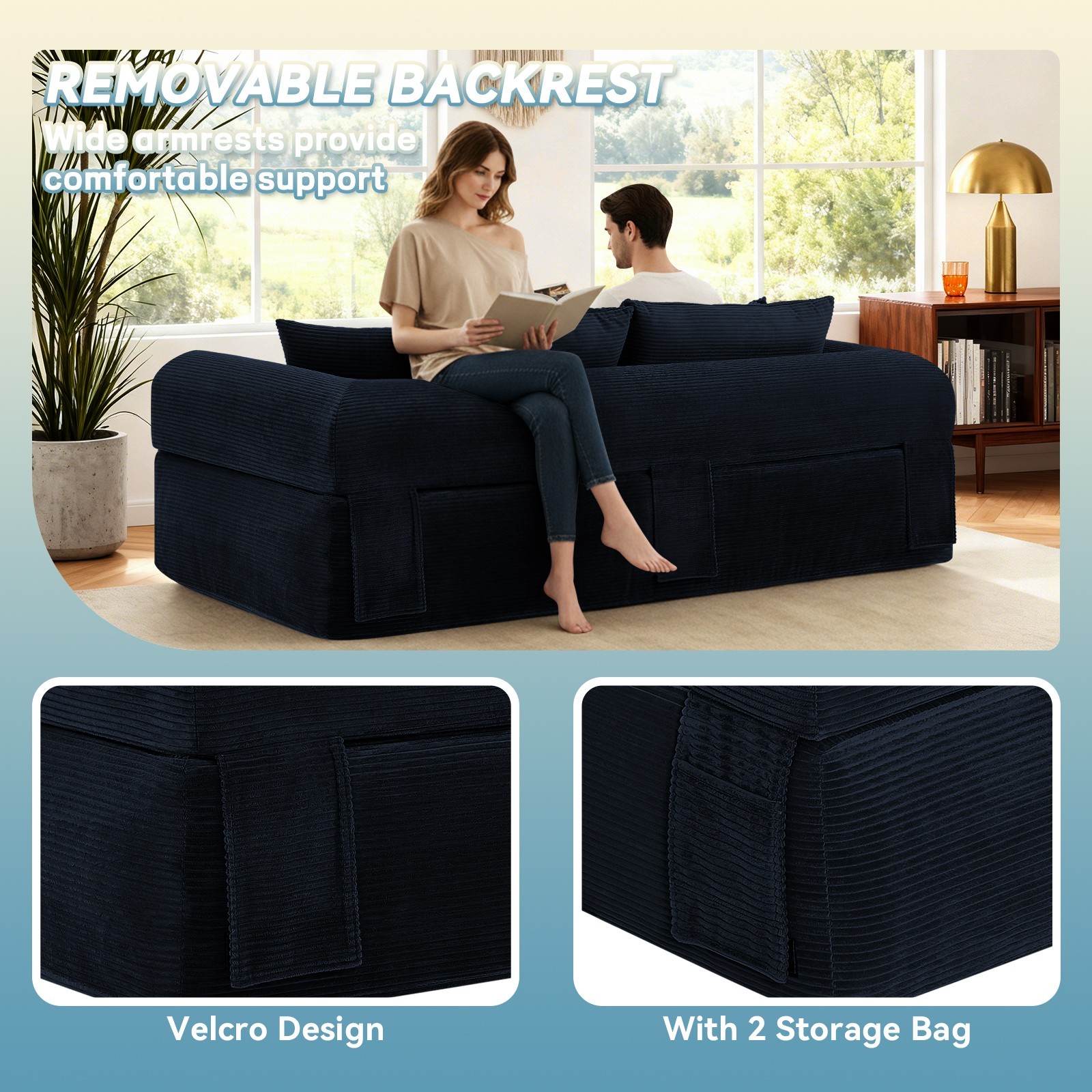 Compression Floor Sofa-Convertible Sofa Bed,Corduroy Boneless Couch with Storage