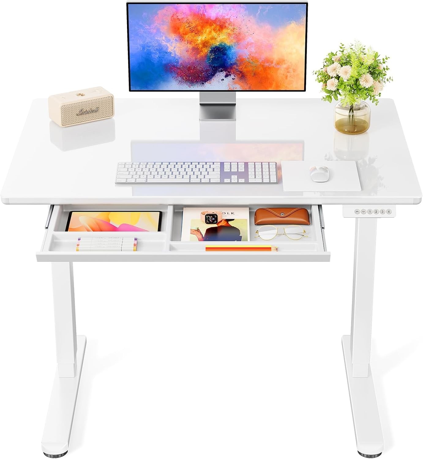 Glass Standing Desk with Drawer 37 x 22 Inches Stand up Desk Standing Desk