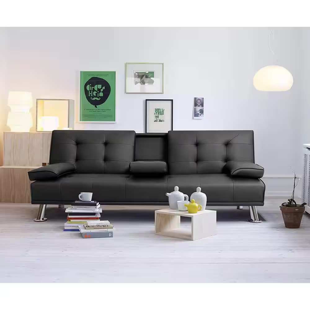 Black 66 In. Faux Leather Upholstered Convertible Folding Futon Sofa Bed 2 Cupho