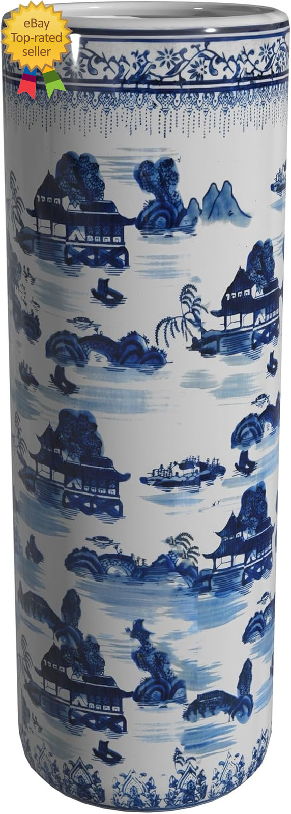 20″ Landscape Blue & White Porcelain Umbrella Stand