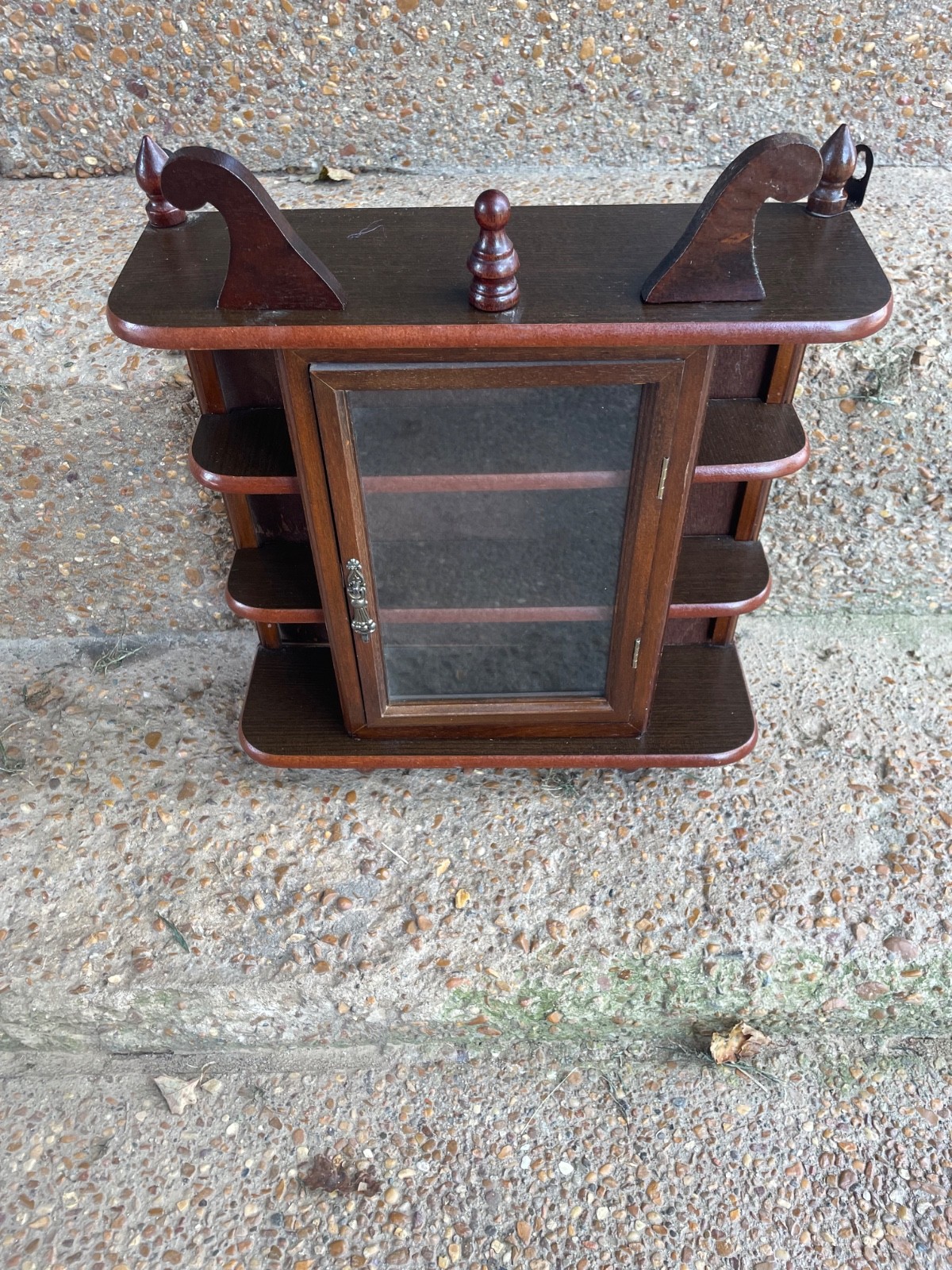 Vintage Curio Cabinet Wood Shelves Glass Door Footed Tabletop/Wall Hanger 17”