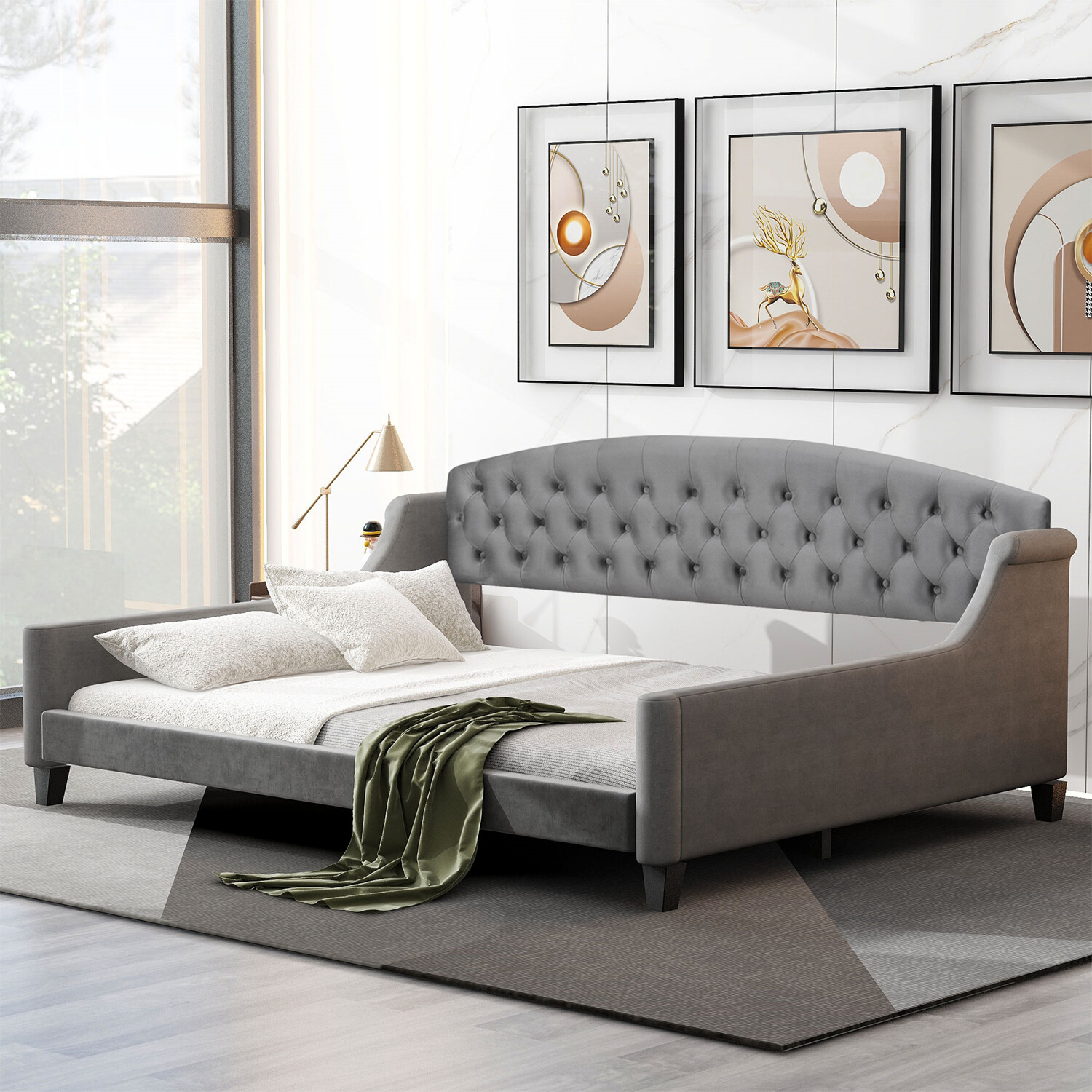 Full Size Daybed Bed Frame Sofa Bed Wooden Slat Support Bedroom Furniture Gray