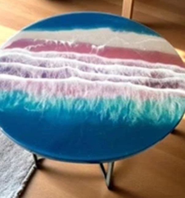 18″ Premium Round Multi-Layered Ocean Resin Table Pink & Blue Wave Art Decor