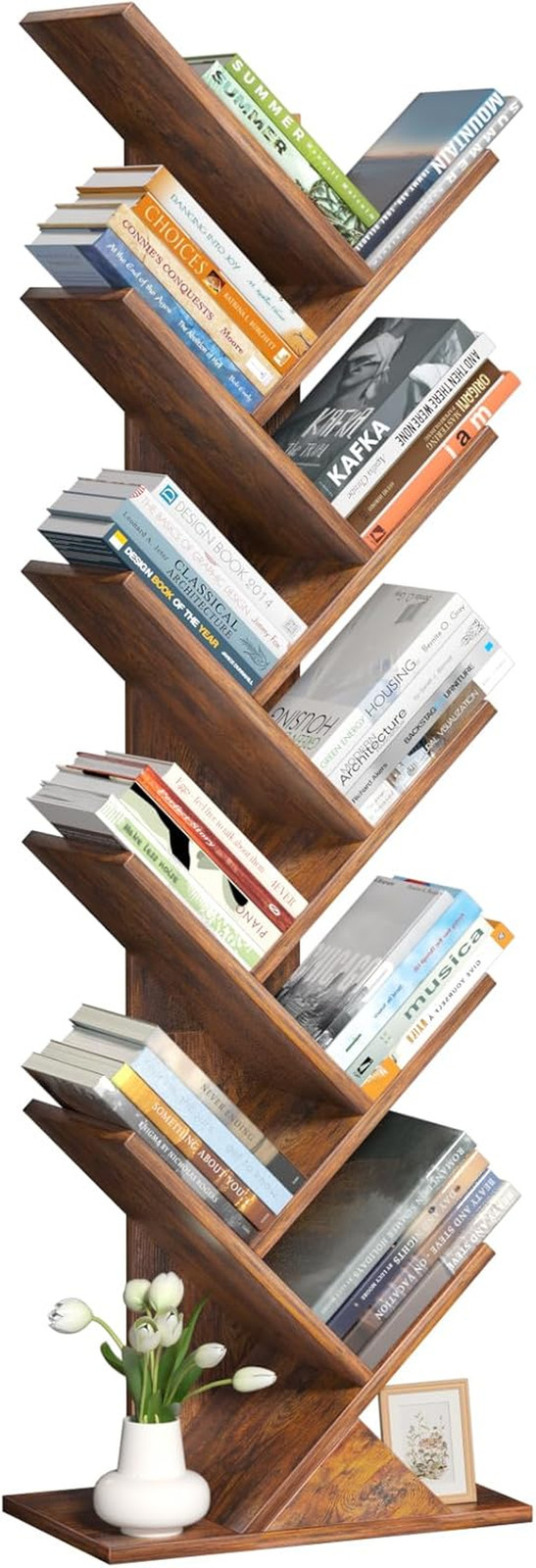 Retro Brown 10-Tier Tree Book Shelf, Perfect for Narrow Living Spaces & Offices