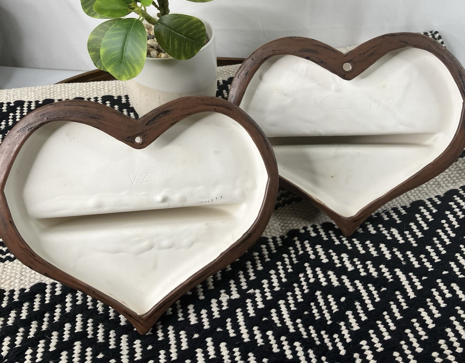 Vintage Pair of Heart Shaped Ceramic Wall Shelf Decor Wood Look Cottagecore