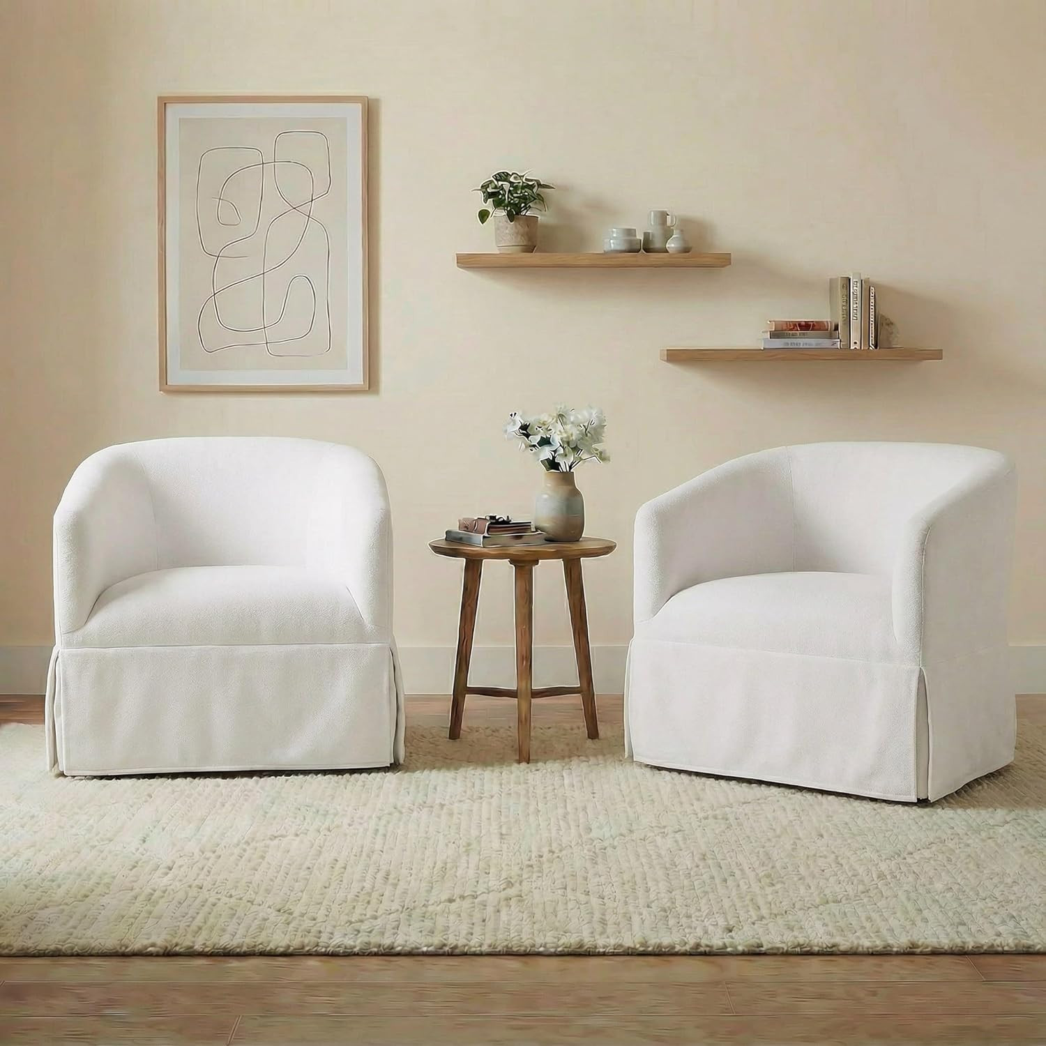 Set of 2 Cream White Swivel Accent Chairs for Living Room and Office