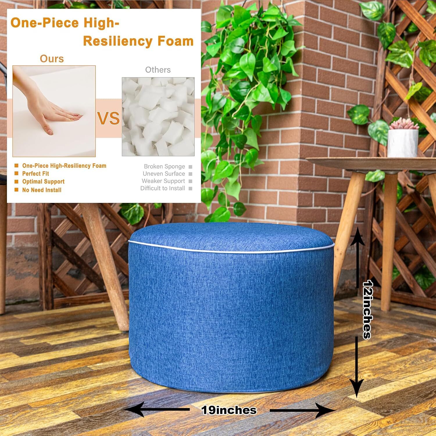 Comfortable Outdoor Ottoman Waterproof 19×12 In Lightweight Foam Stuffed Pouf