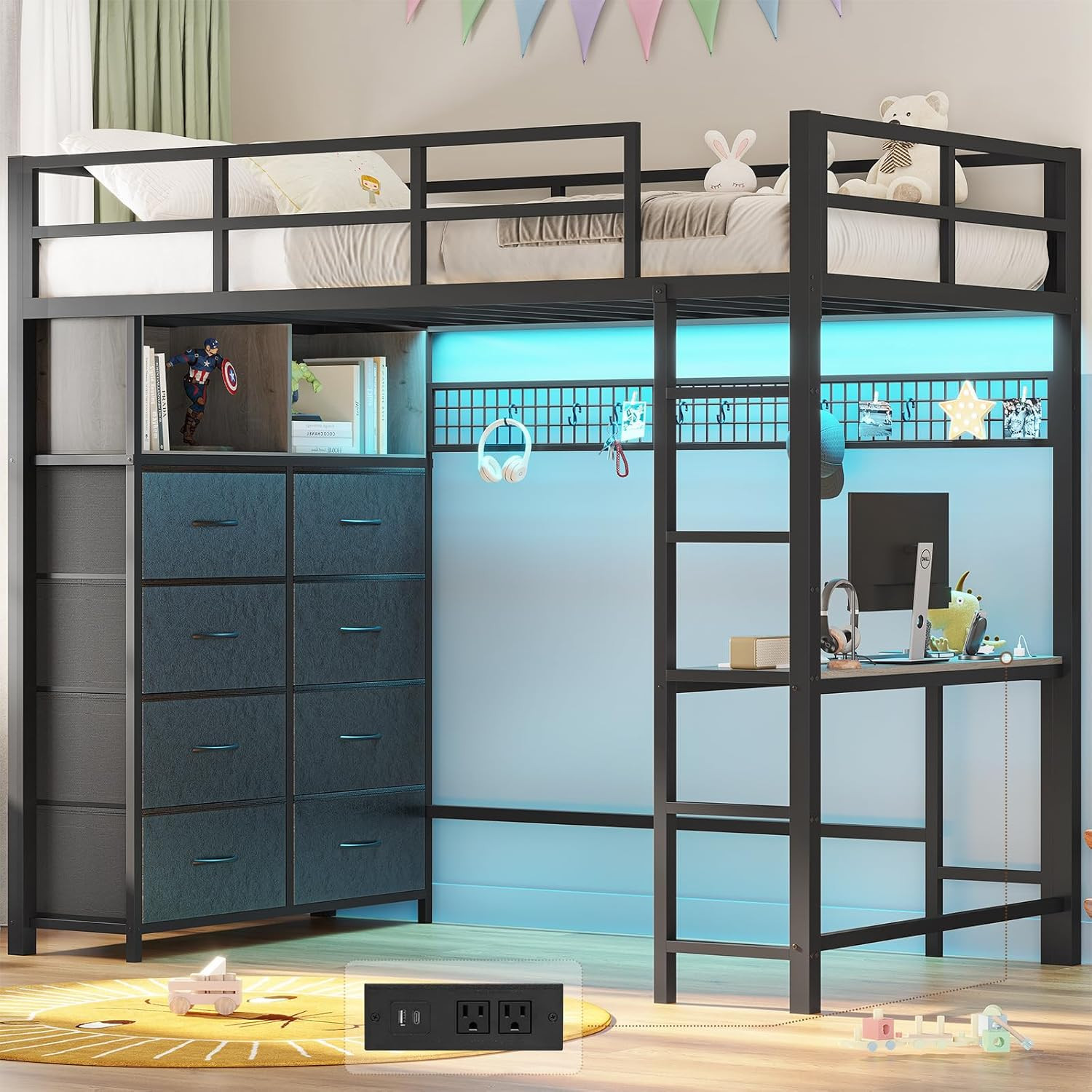 Twin Size Loft Bed with Desk and 8 Storage Drawers, Metal Kids Loft Bed Twin wit
