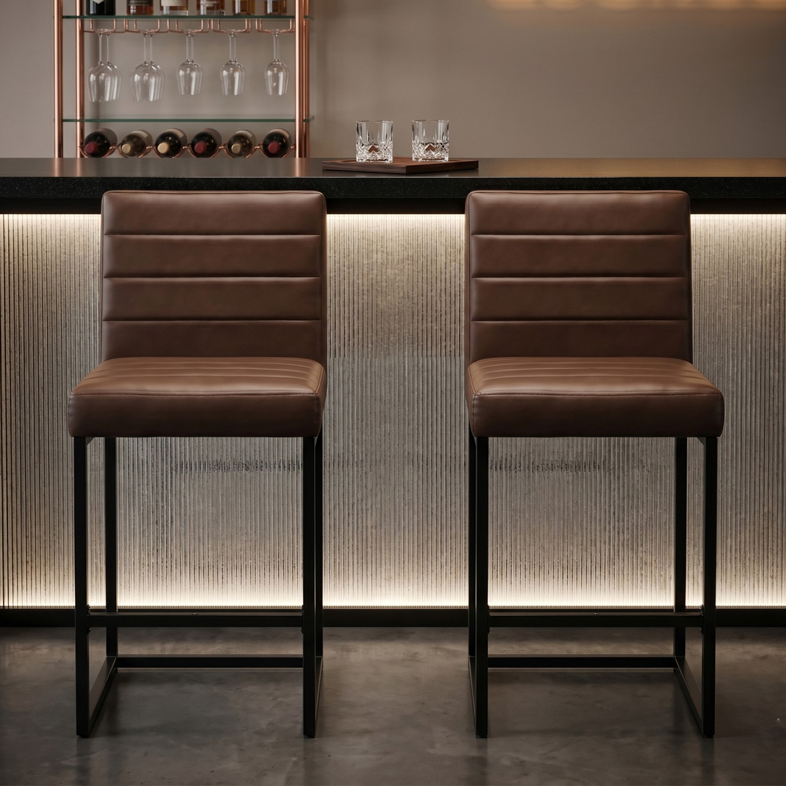 Counter Height Bar Stools Set of 2 with PU Cushion & Back, Brown/Black