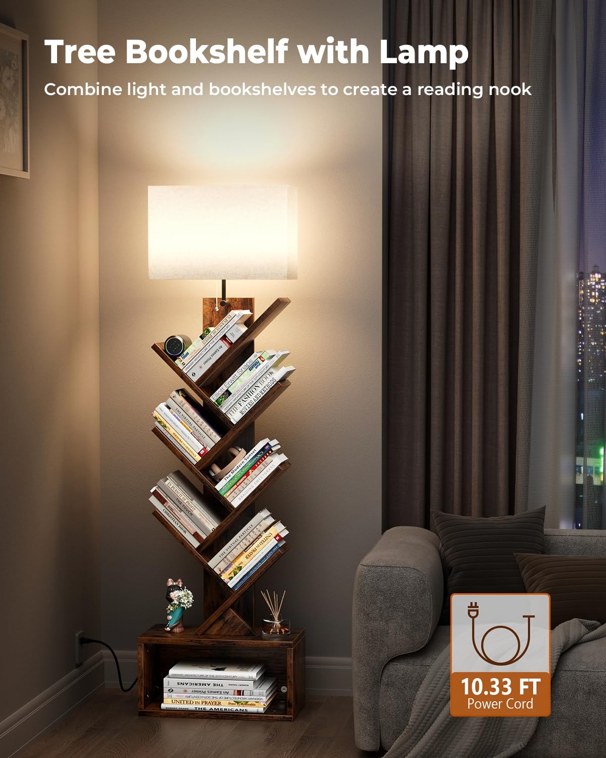 6 Tier Tree Bookshelf with Light, Narrow Bookcase Tower, Tall Floor Standing …
