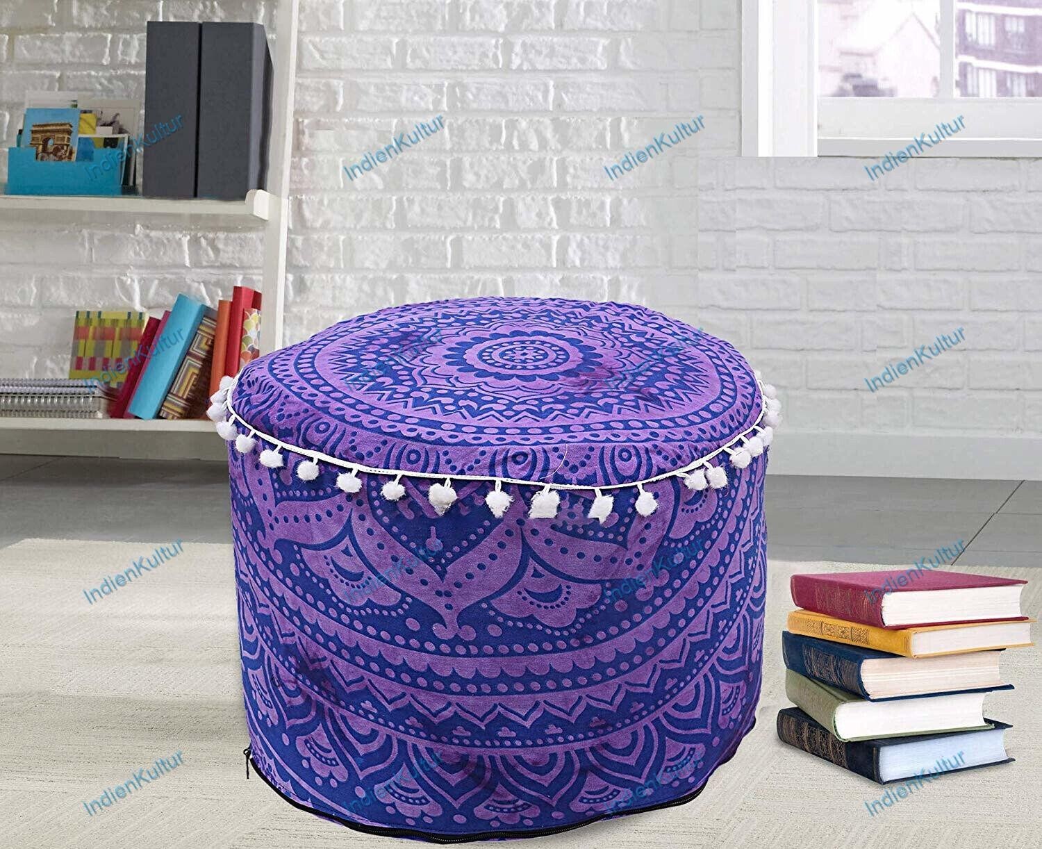 Indian Vintage Mandala Ottoman Pouf Embroidered Cotton Footstool Bed Room Decor