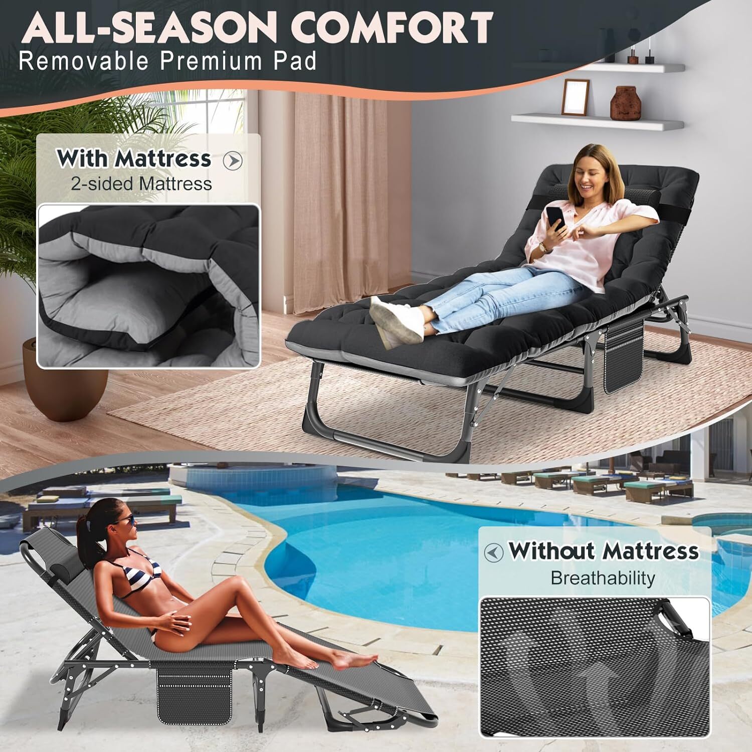Folding Camping Cot Bed Adjustable 5-Position Folding Lounge Chair Portable 3IN1
