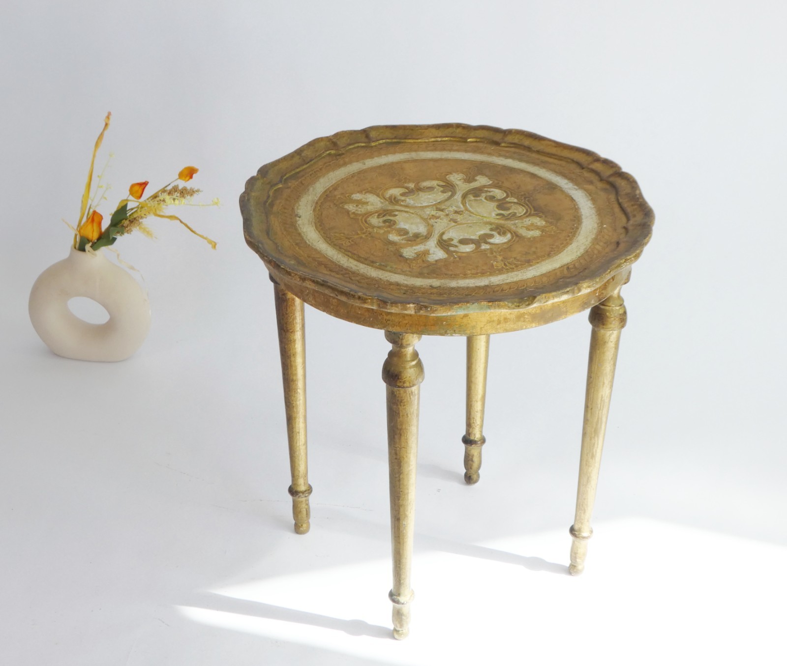 Round Mid Century Italian Florentine Side Table Gold White Wooden Entryway Table