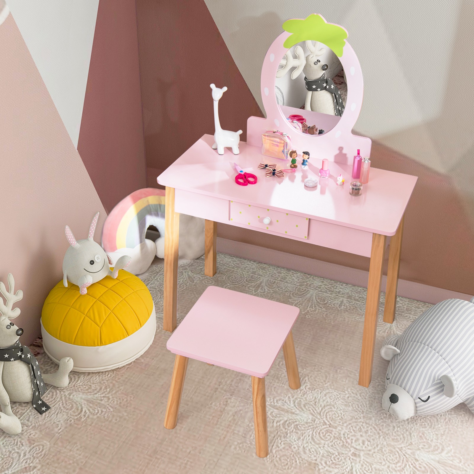 2-in-1 Children Vanity Table & Stool Set w/ Strawberry-Shaped Mirror Pink