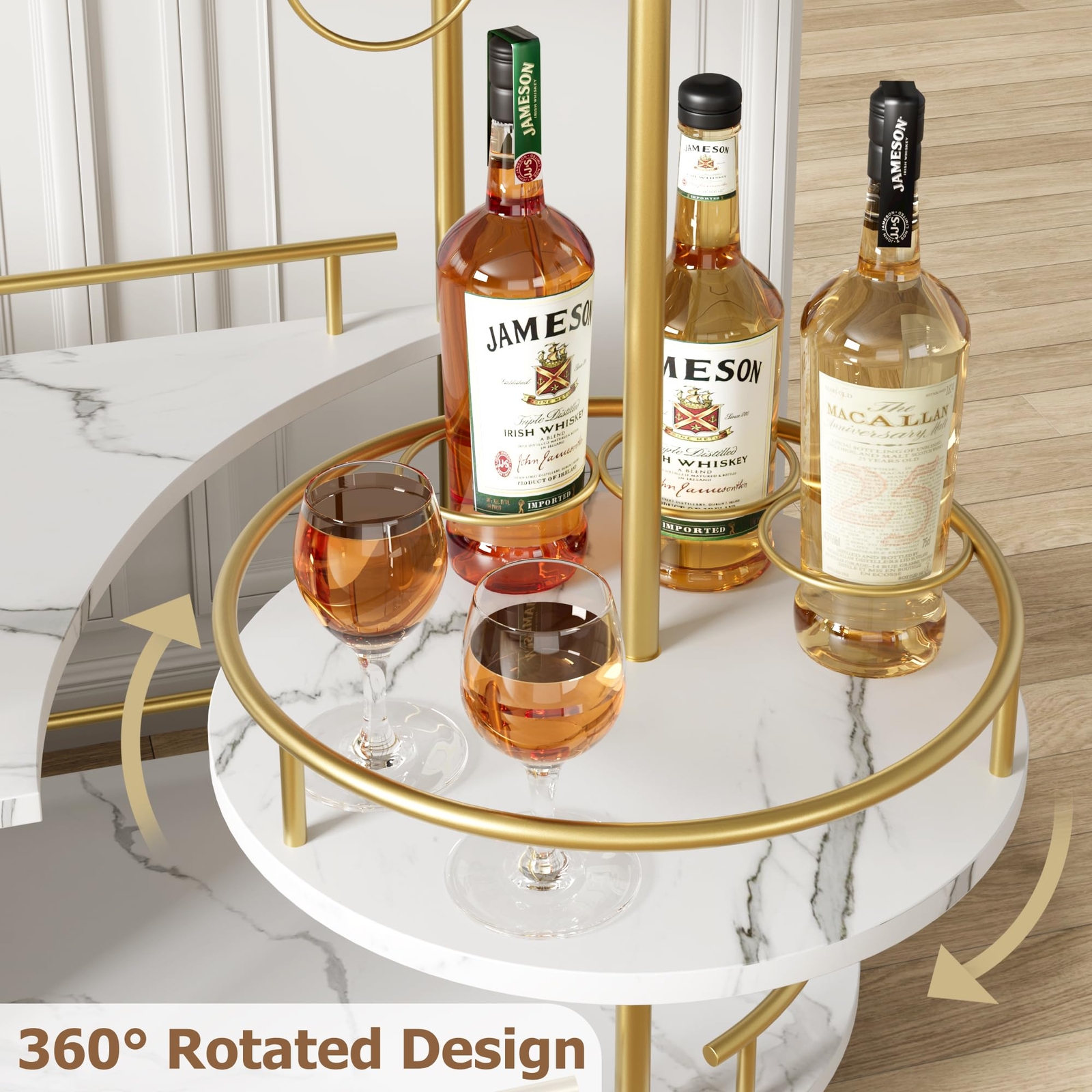 3 Tier Rolling Bar Cart Storage Shelves ,Kitchen Bar Gold Serving Cart w/Handle