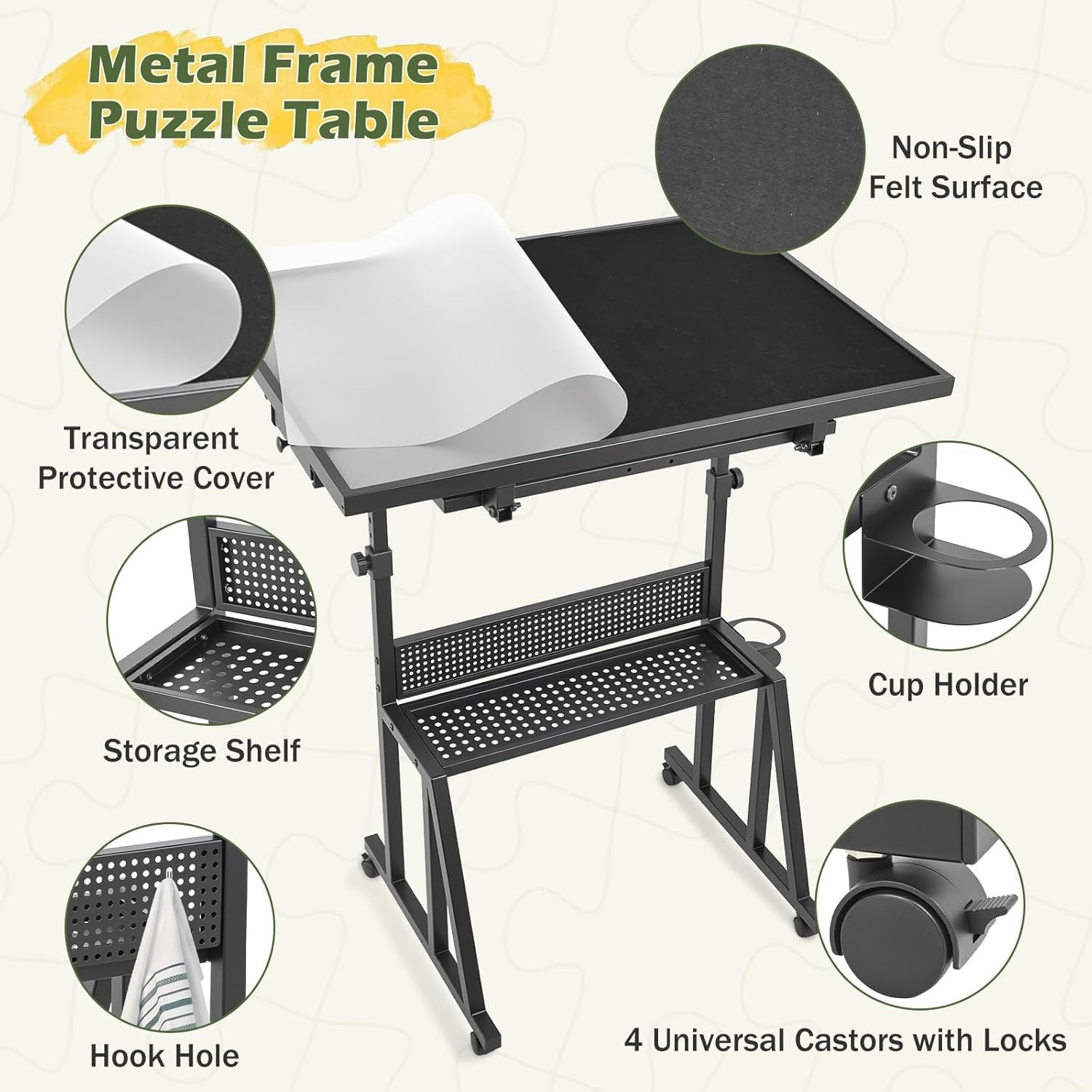 1500 Piece Adjustable Height Tilt Jigsaw Puzzle Table w/ Wheels Sorting Trays