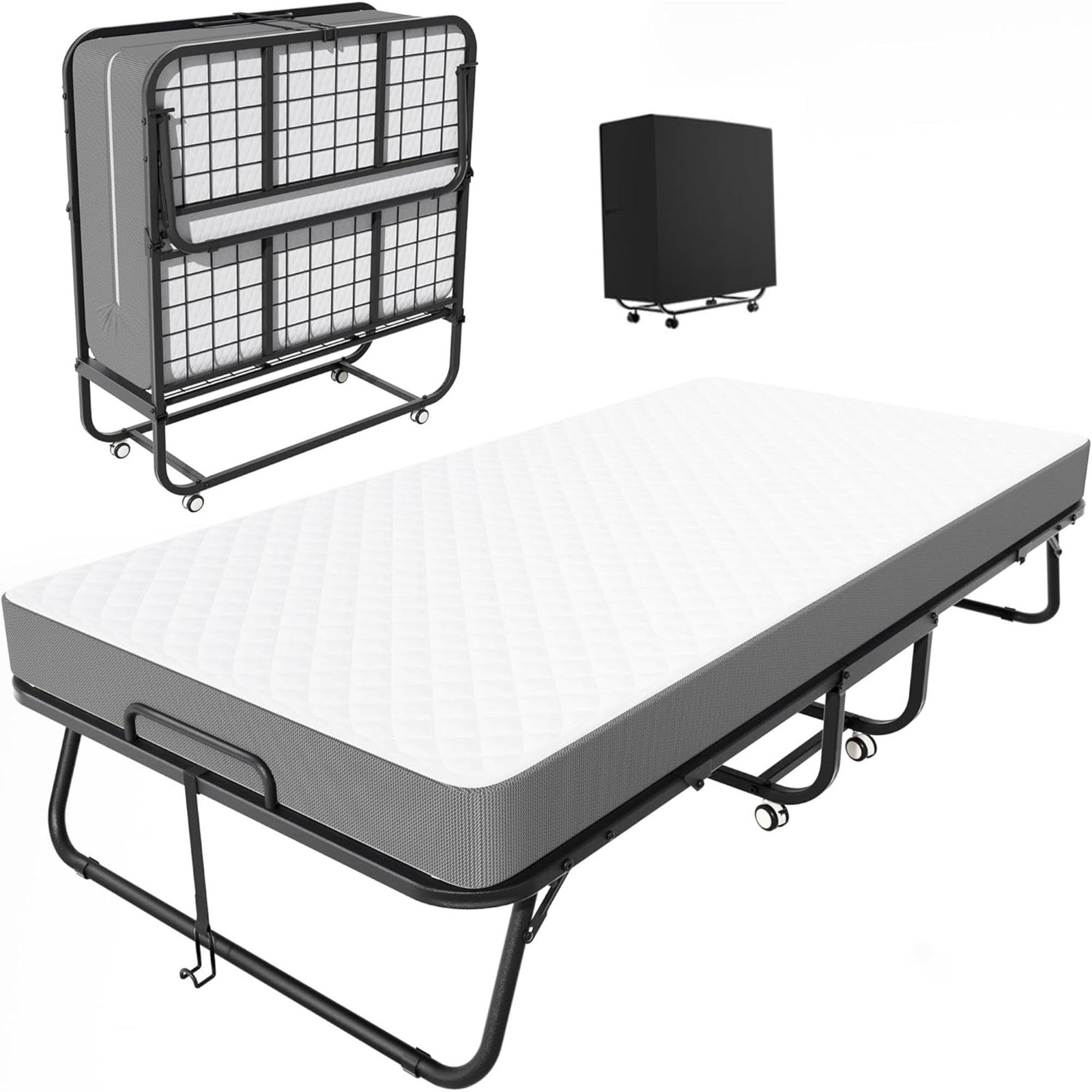 Folding Bed with Mattress, Roll Away Beds with Mattress for Adults, Single Co…