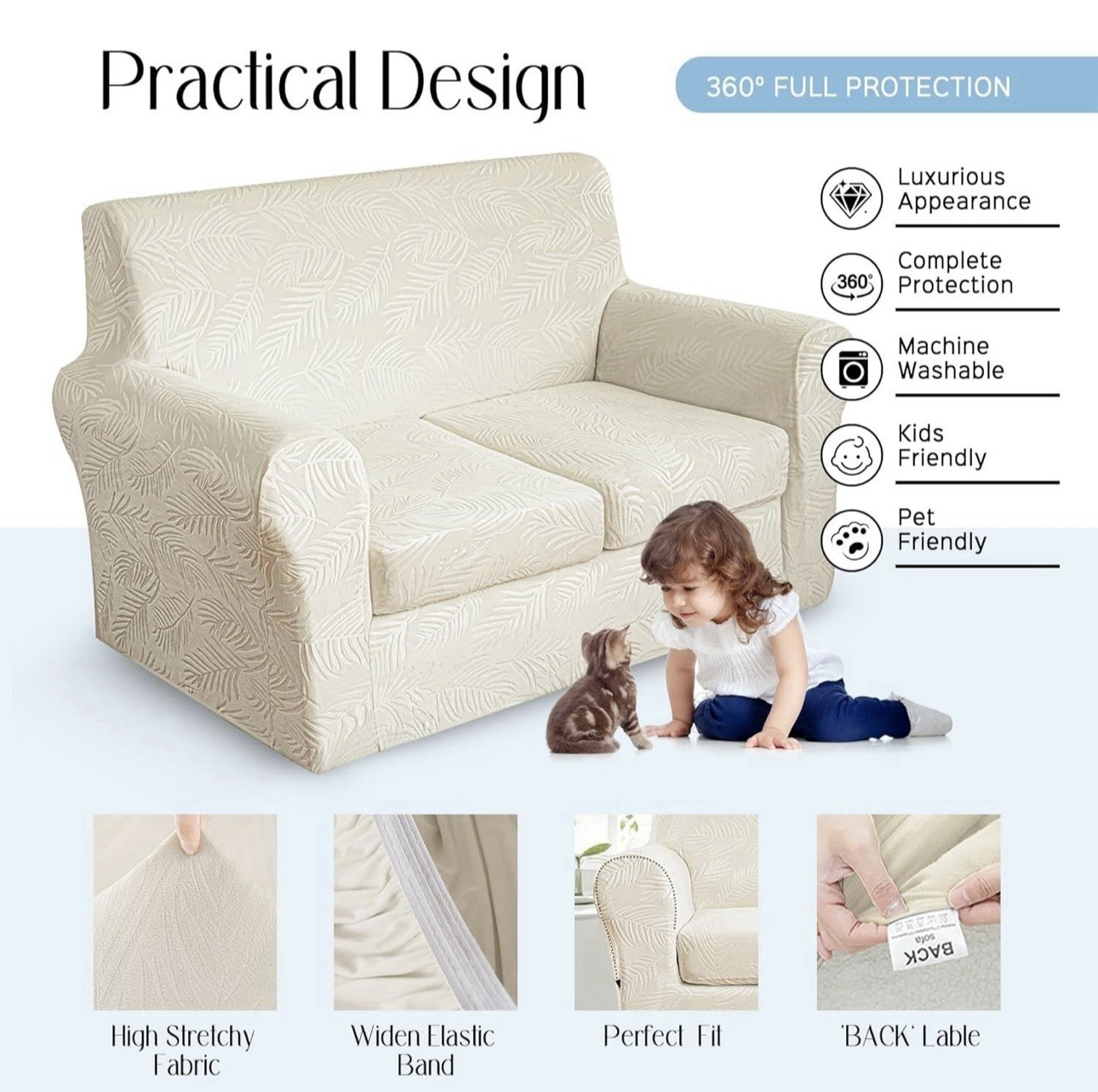 Velvet Stretch Loveseat Sofa Cover Ivory Embossed Leaf 3 Piece 2 Cushion