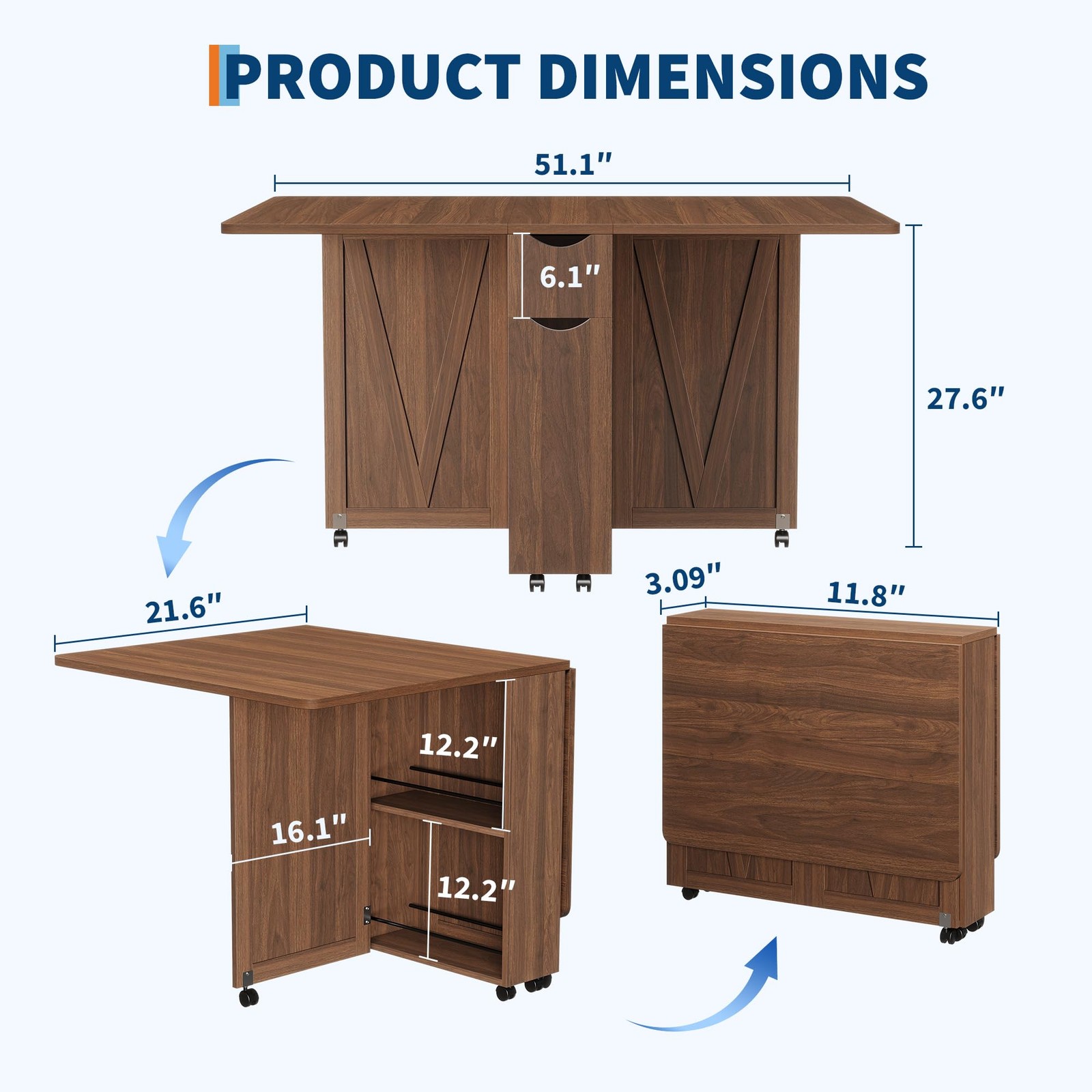 Folding Dining Table with Storage, Space Saving Kitchen Table with 6 Wheels