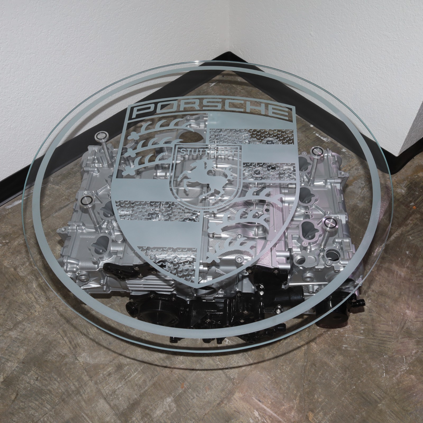 Porsche 911 997 3.6 Engine Coffee Table 37 Round Etched Starphire Glass Top