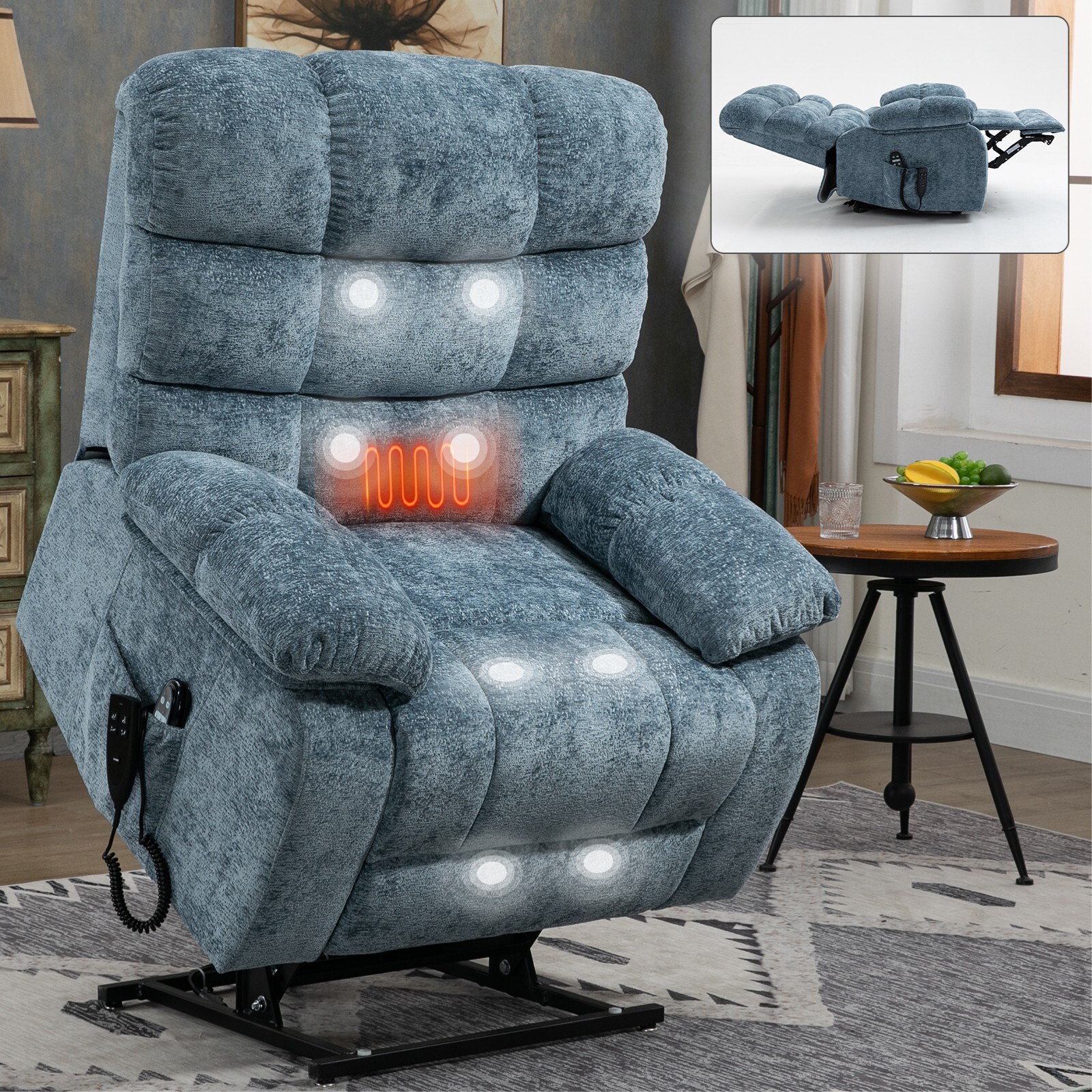 Wide Lay Flat Massage Heat Power Lift Recliner Chair for Elderly Dual Motor