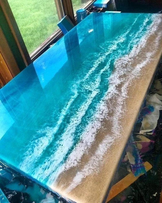 Ocean Wave Epoxy River Table Top 60×36 | Live Edge Dining Custom