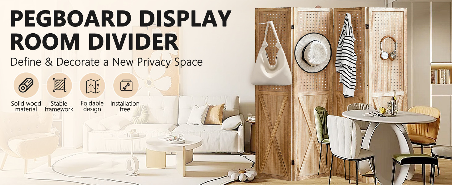 Pegboard Display 4 Panel Room Divider, Peg Board Divider Panel, 5.6Ft Wood