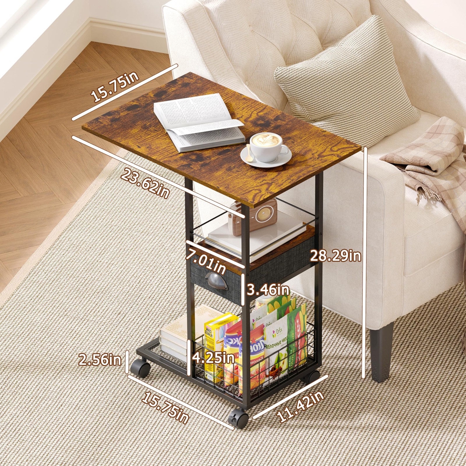 Rolling C-Shaped Side Table with Wheels X-Large (With Drawer & Wheels), Black