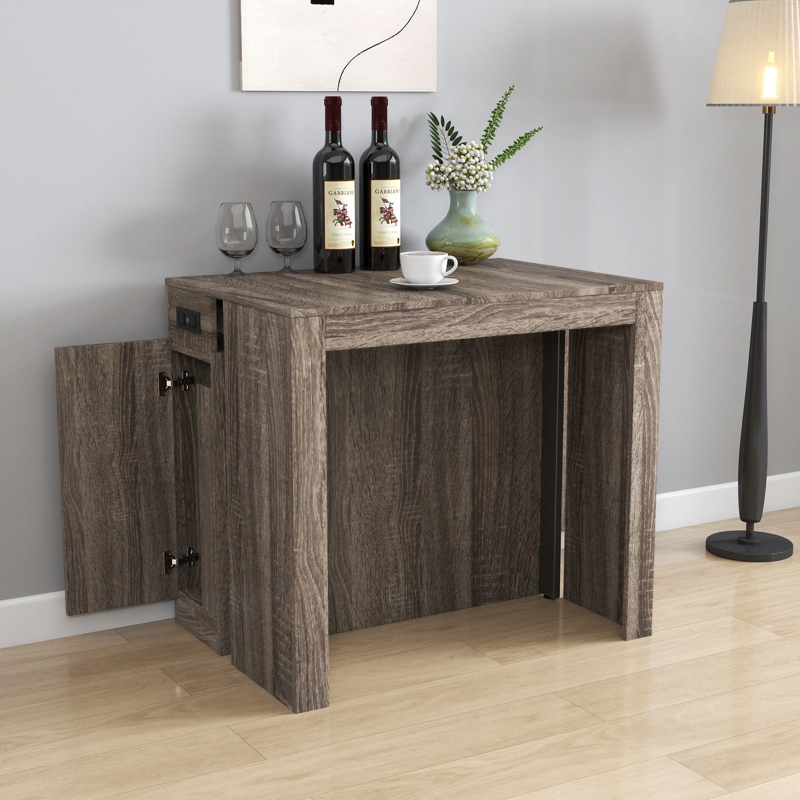 Modern Extendable Dining Table w/Outlet, Space Saving Expandable Table w/Storage