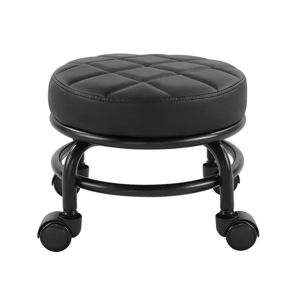 Low Roller Seat PU Leather Rolling Stool with Wheels for Manicure, Mechanic,H…