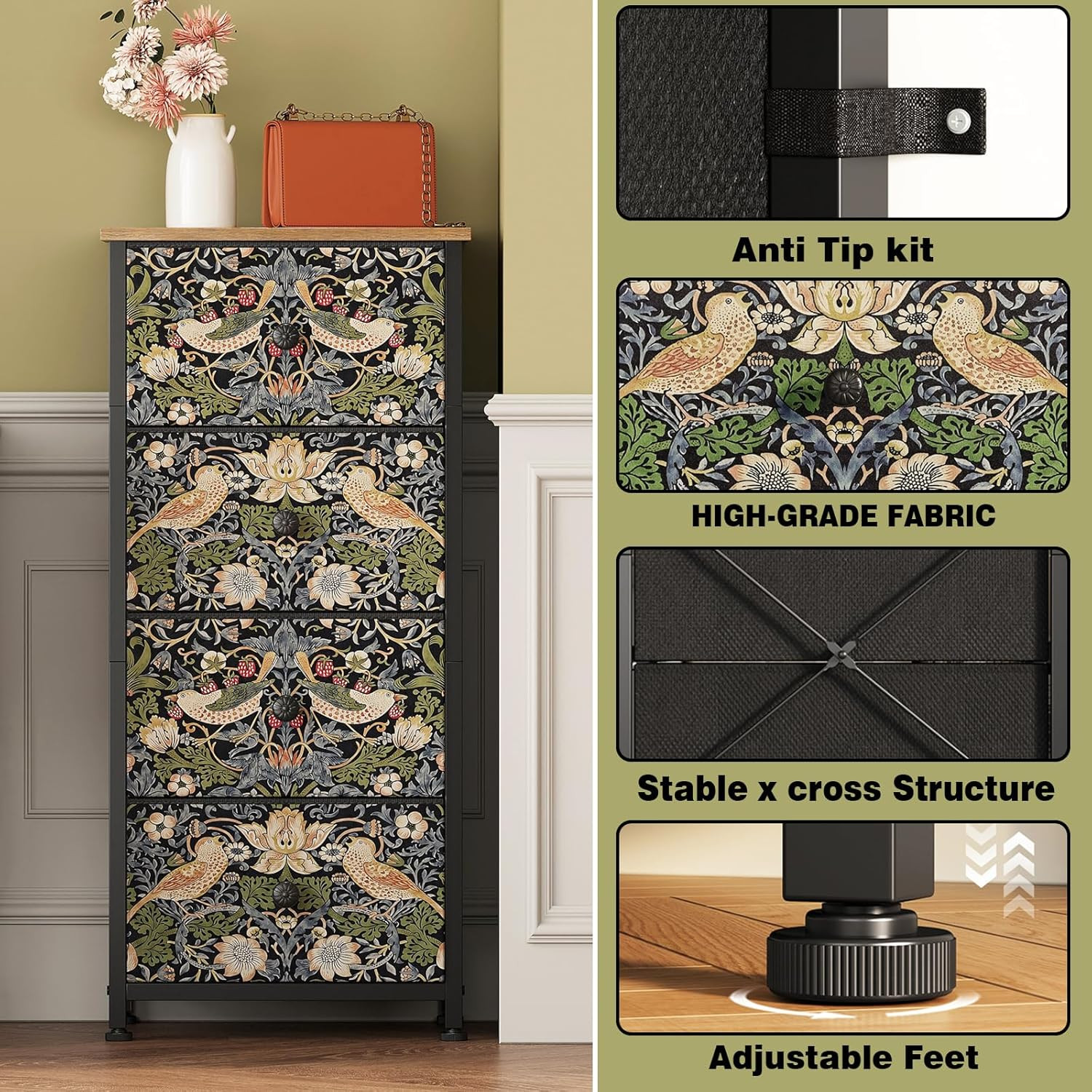 Dresser for Bedroom with 4 Drawer Strawberry Thief Dresser Vintage Storage Tower