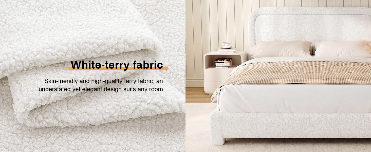 Full/Queen/King Upholstered Teddy Fabric Bed Frame with Adjustable Headboard
