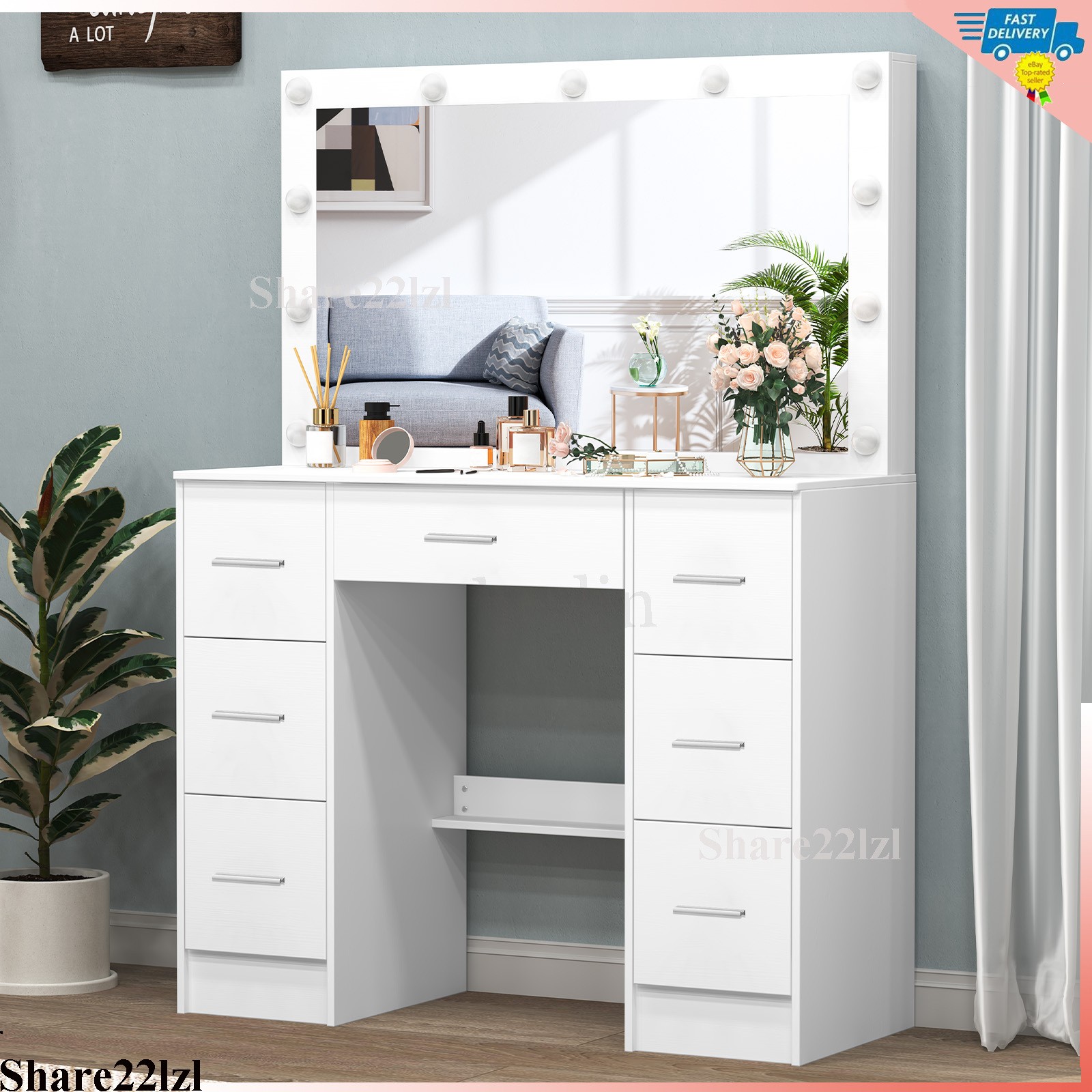 Makeup Vanity Table Set with Large LED Lighted Mirror Bedroom Dressing Dresser