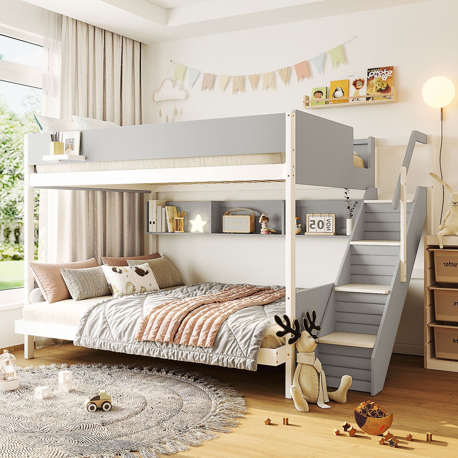 Twin Over Full Bunk Bed with Staircase, Side Shelves, LED Lights, Gray