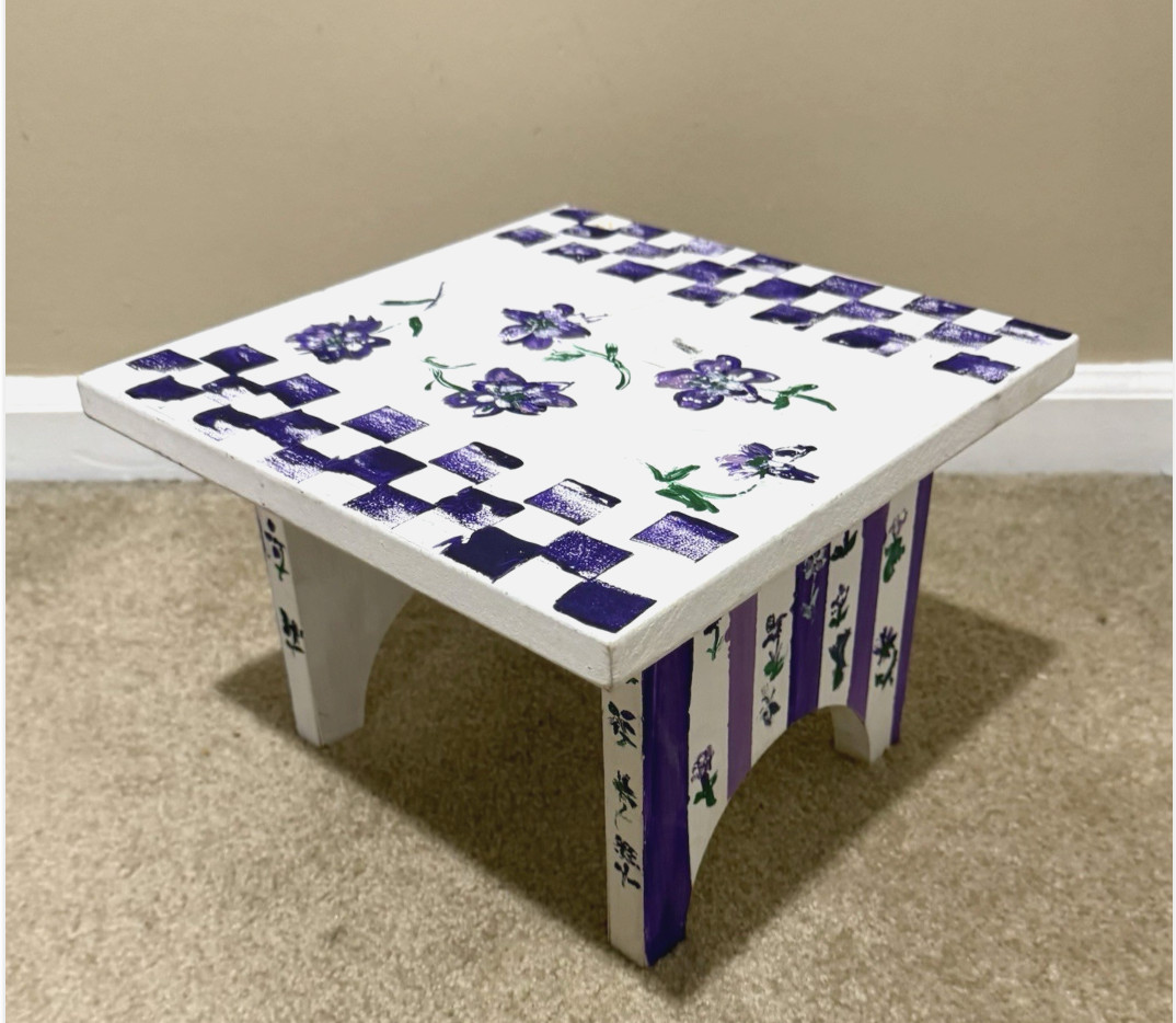 Hand Painted Wooden Step Stool Purple White Floral Cottagecore Kids Foot Table