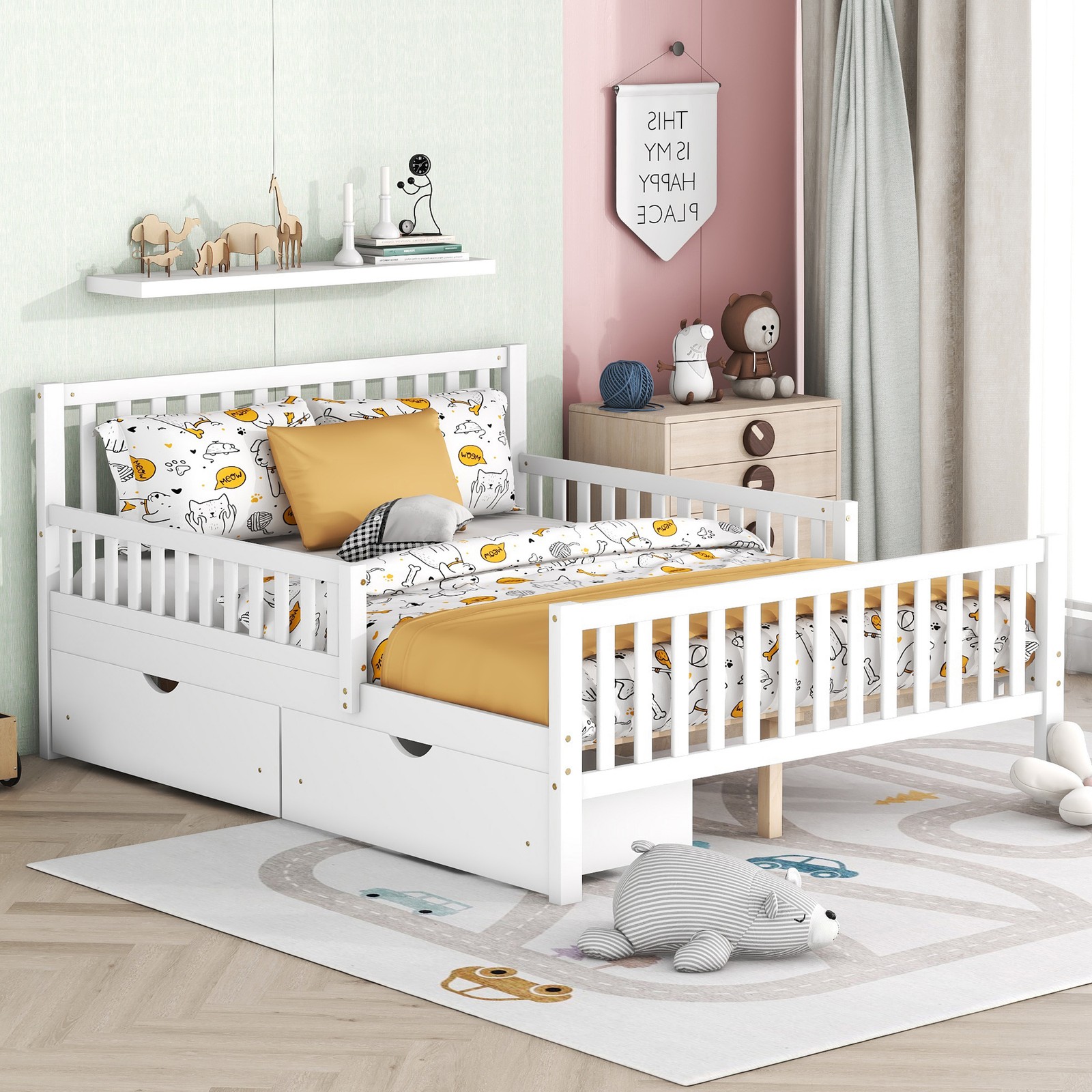 Full Size Bed Frame w/ Guardrails on Both Sides Two Storage Drawers White Wood