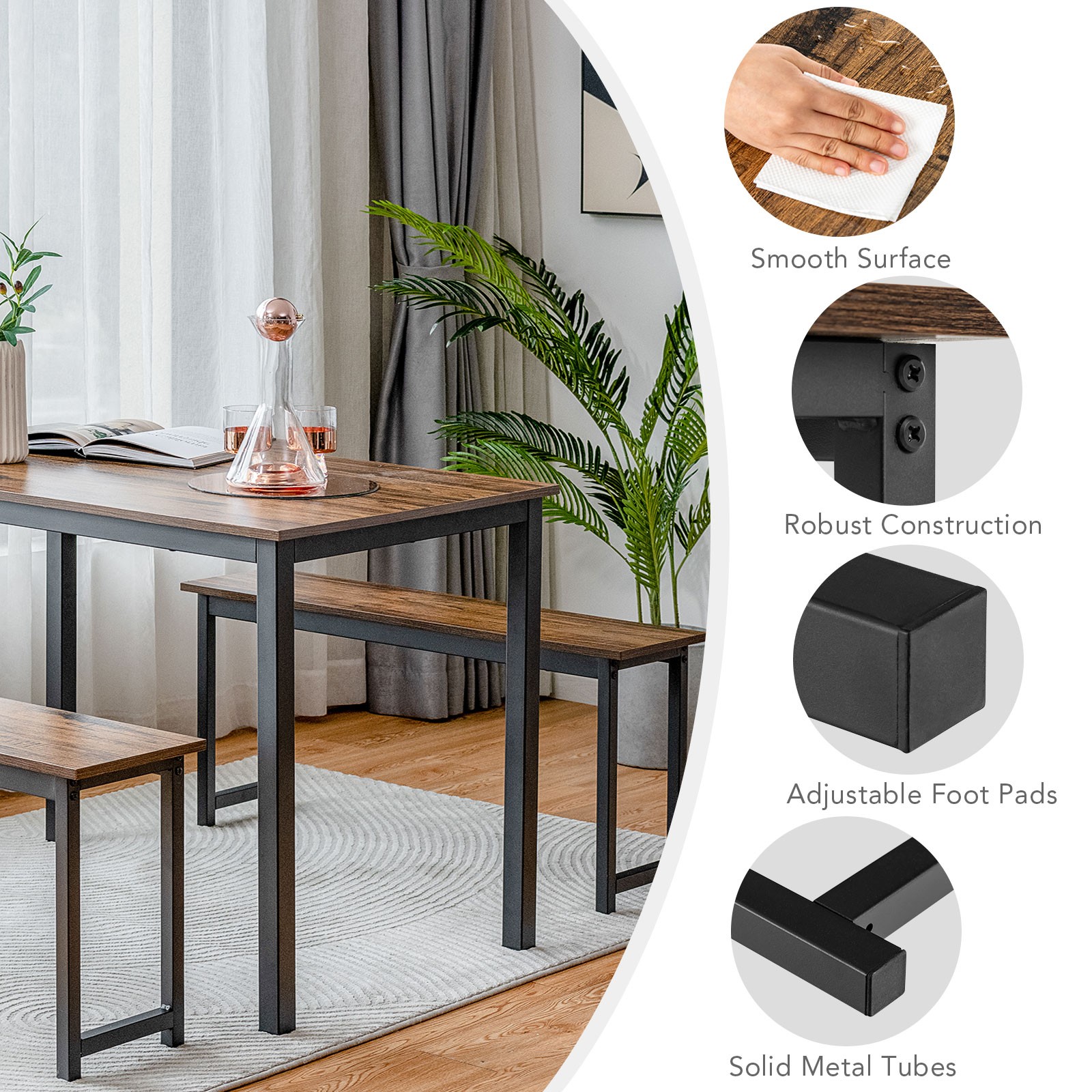 Topbuy 3pcs Dining Table Set for 4 Modern Industrial Counter Height Kitchen