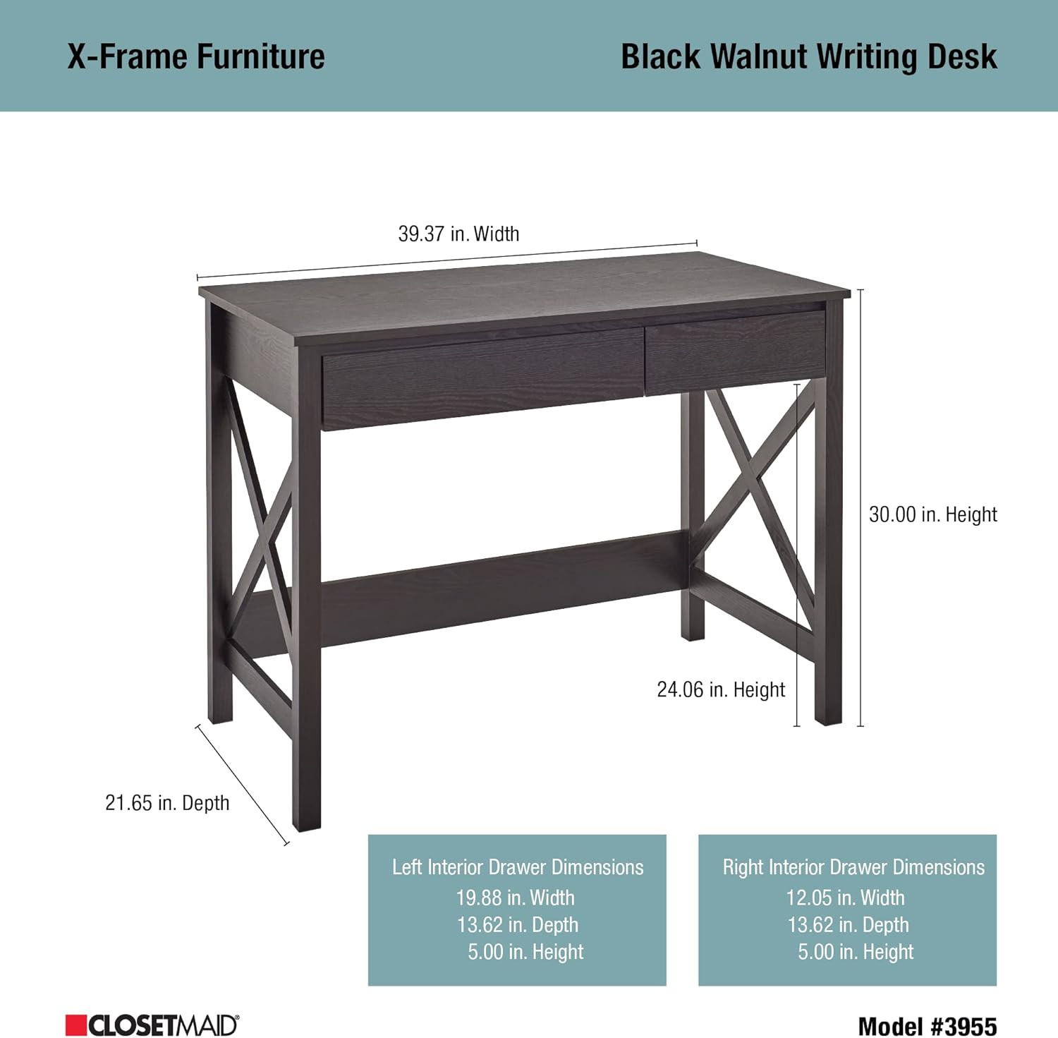 Stylish X-Frame Writing Desk/Console Table with Drawers in Black Walnut