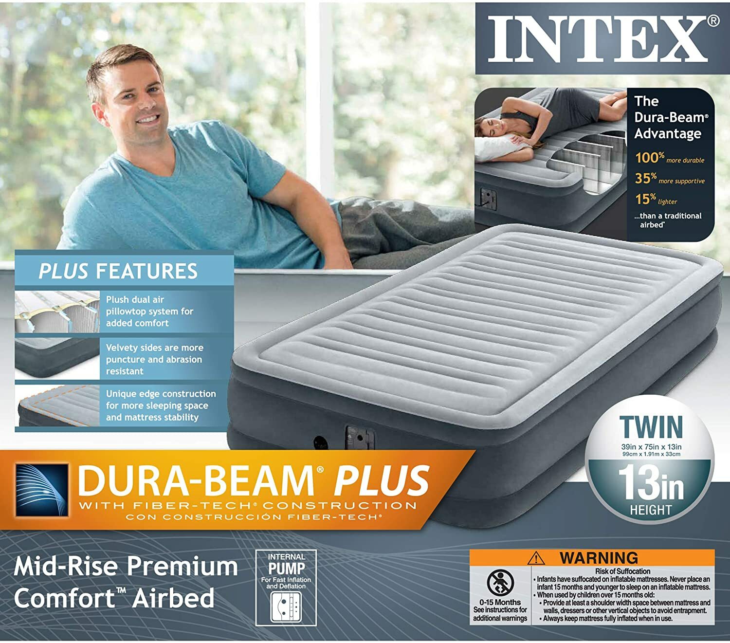 Intex Comfort Dura-Beam Plush Airbed Mattress with Built-In Pump – Twin Size