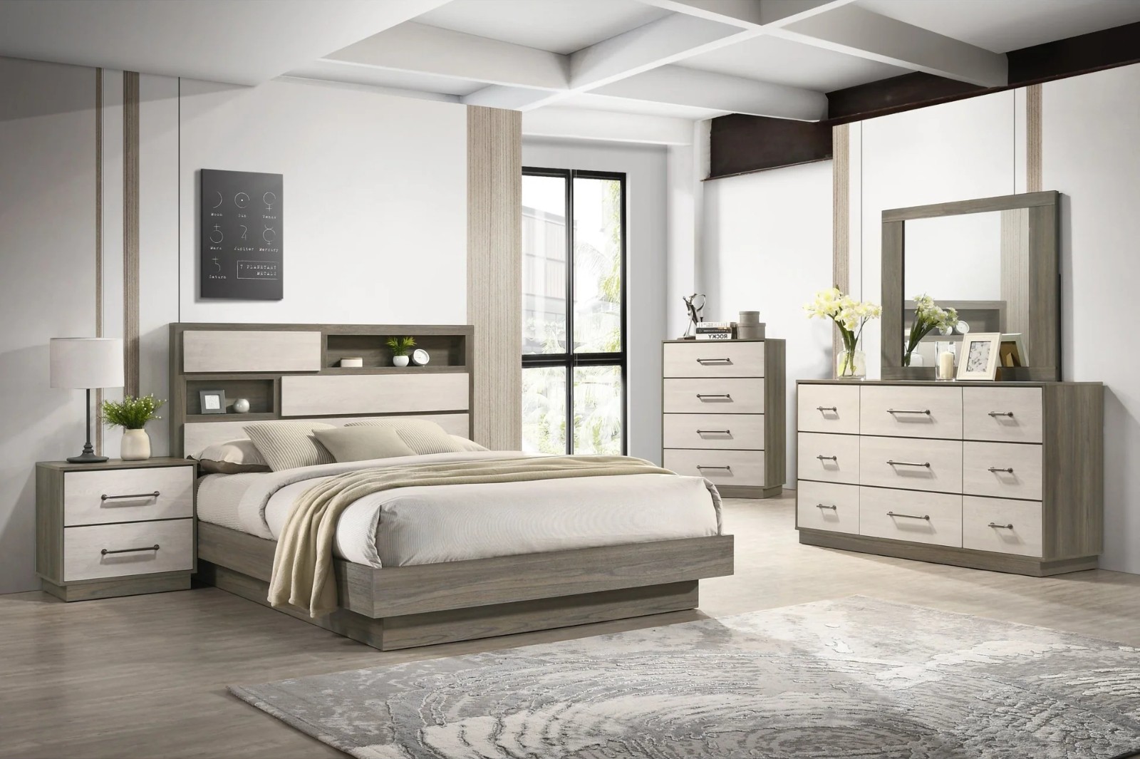 NEW 5PC Two-Tone Gray Oak Modern Rustic Queen King Storage Bedroom Set B/D/M/N/C