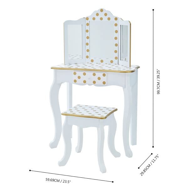 Princess Gisele Polka Dot Print 2-Piece Kids Wooden Play Vanity Set with Vani…