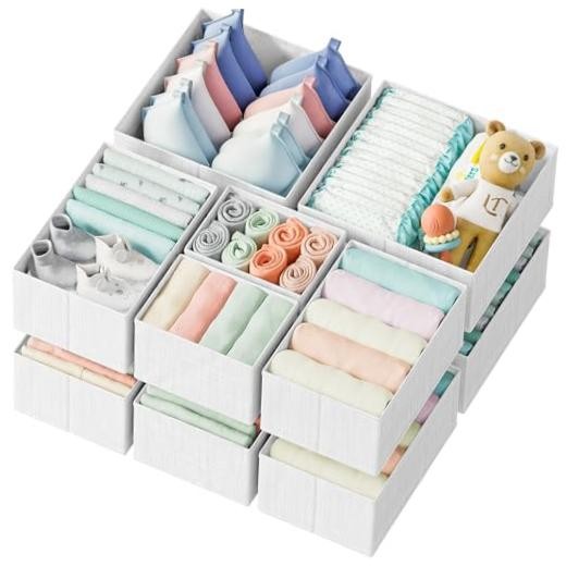 Set of 12 Dresser Organizer Clothes – White-Grey Drawer Organizer Baskets